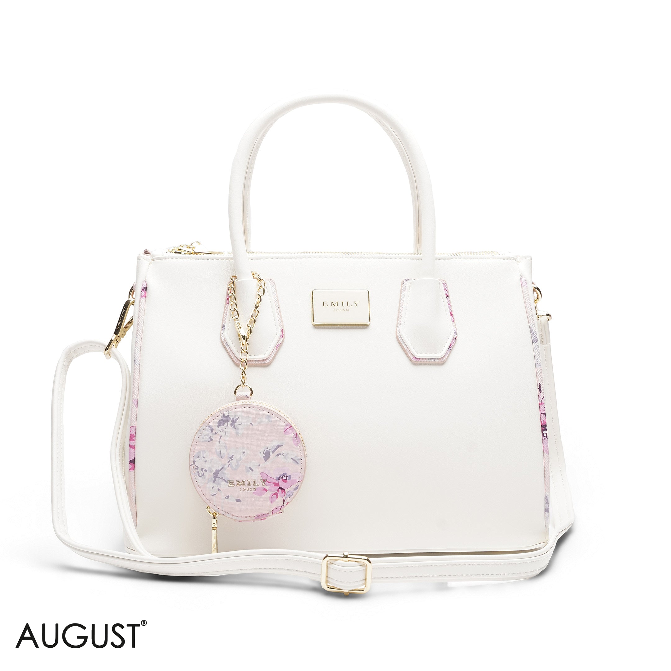 WHITE WITH FLORAL POUCH TOTE - LARGE