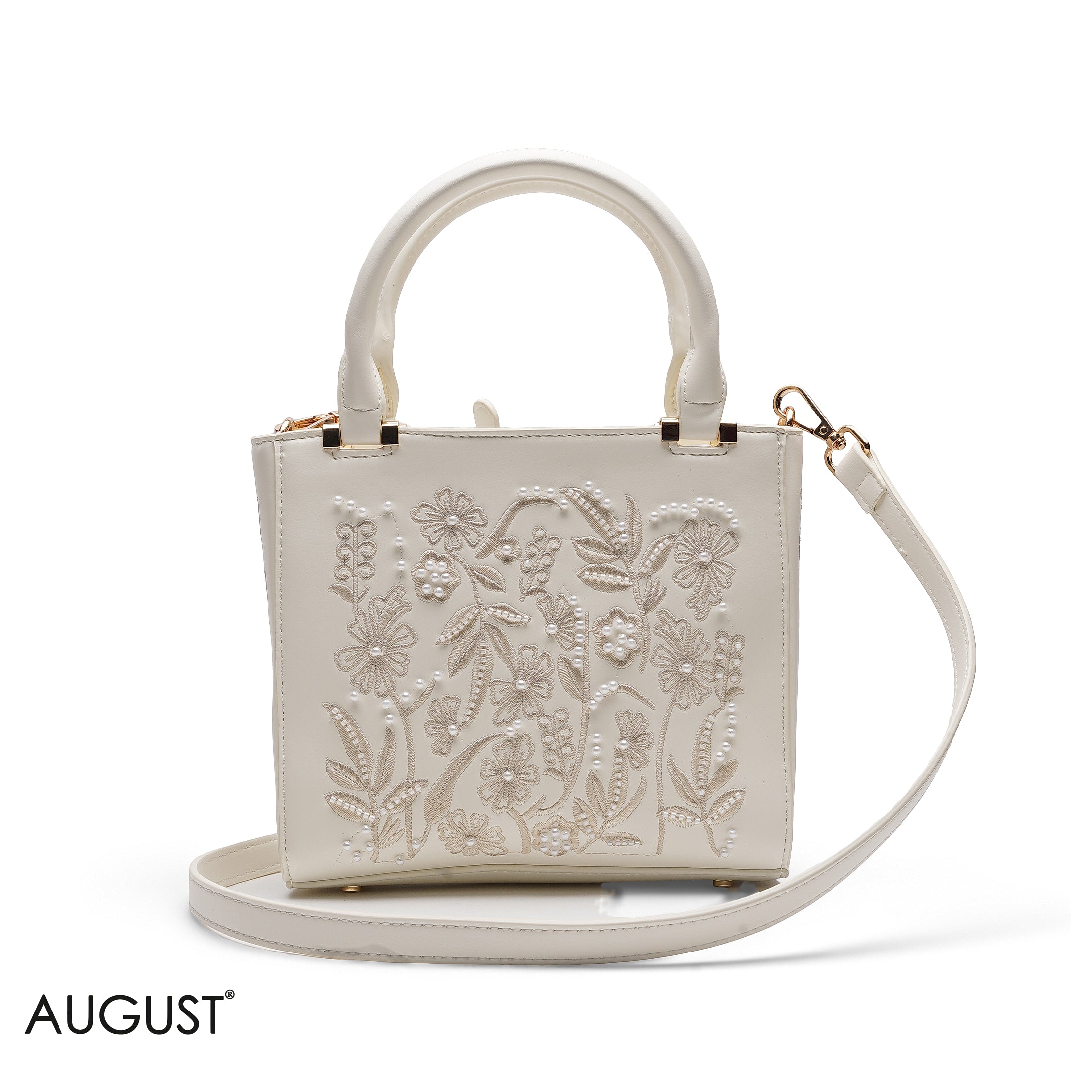 WHITE FLORAL PEARL EMBROIDERED TOTE BAG