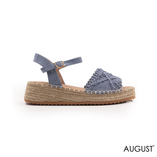 BLUE STRAW WOVEN FLAT SANDALS WITH WEDGE SOLE