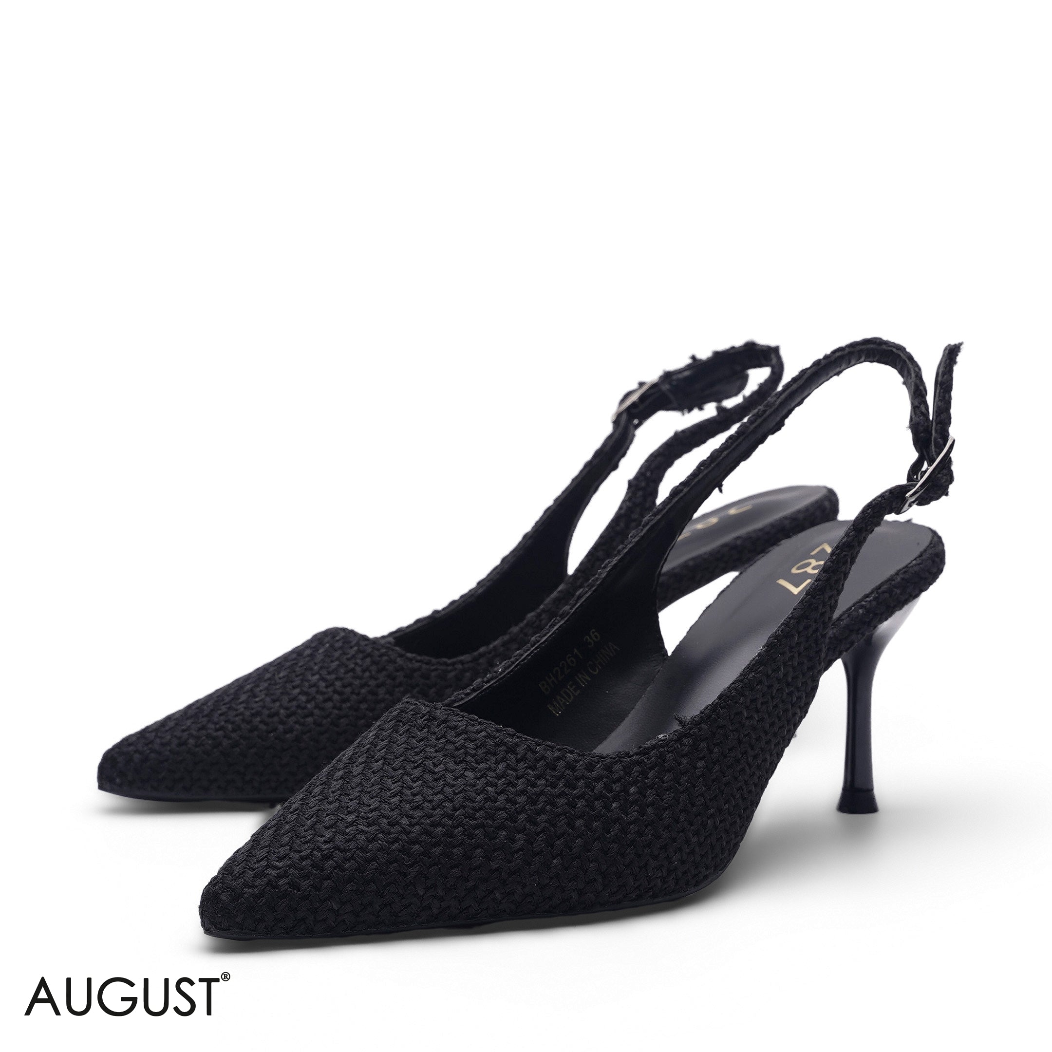 BLACK WOVEN FABRIC POINTED-TOE SLINGBACK HEELS