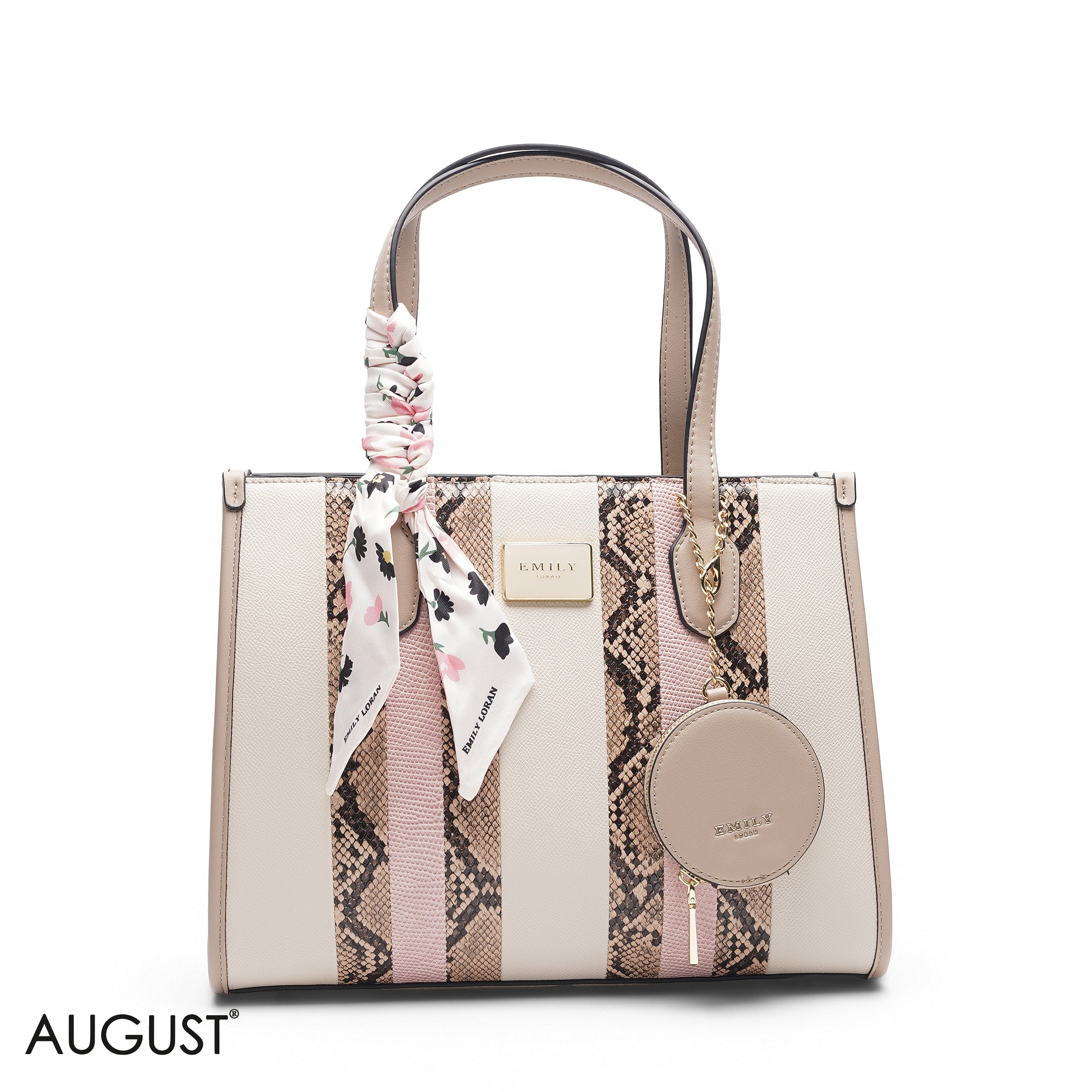 BEIGE & PINK SNAKESKIN TOTE WITH POUCH - LARGE