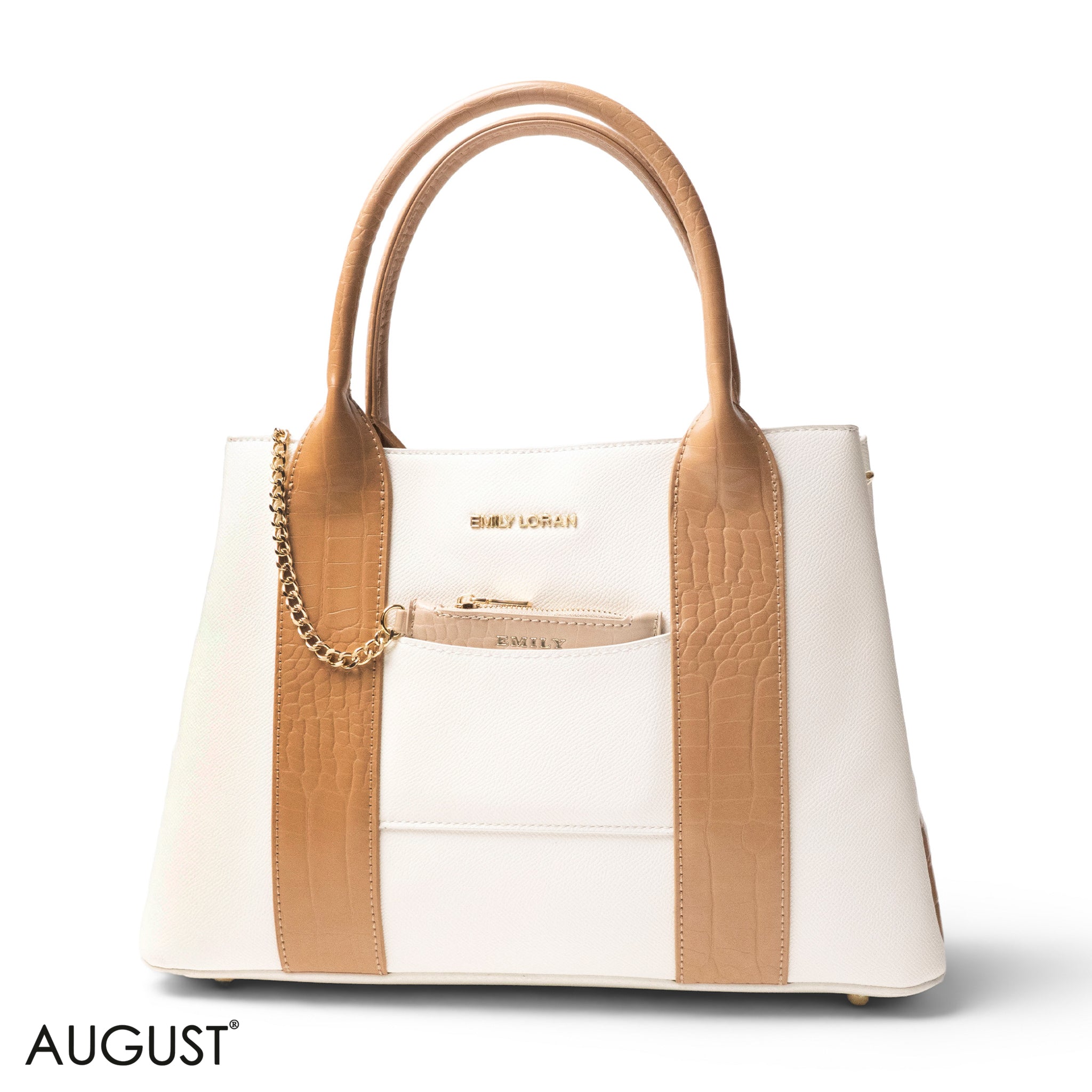 WHITE SMOOTH LEATHER HANDBAG WITH CROC DESIGN -LARGE