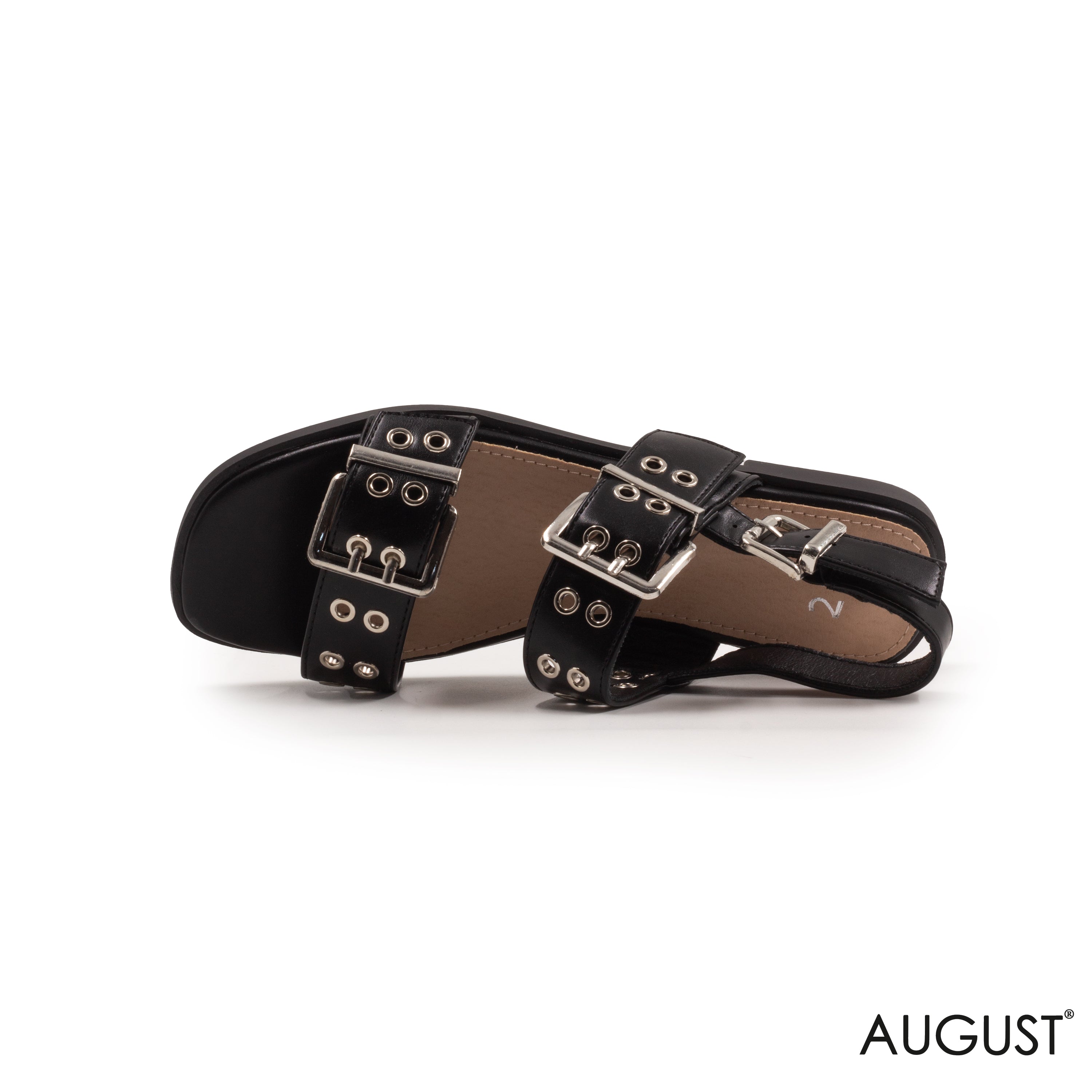 BLACK LEATHER FLAT SANDALS WITH METAL EYELETS AND BUCKLES