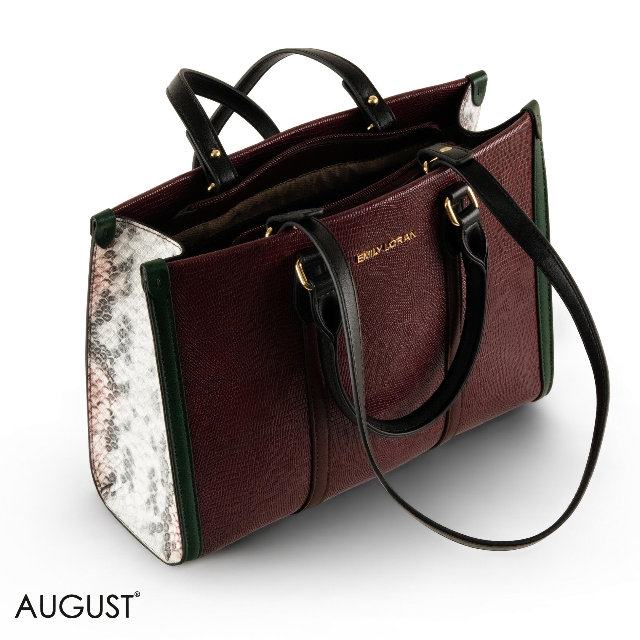 MAROON EMILY LORAN HANDBAG WITH GREEN LEATHER TRIM -MED