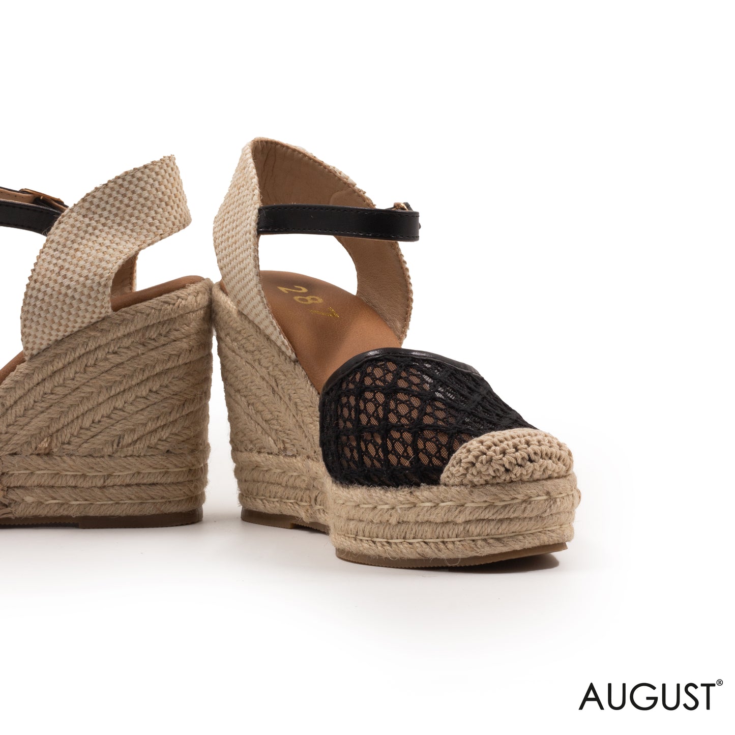 BLACK LACE DATAIL WEDGE SANDALS WITH BUCKLE