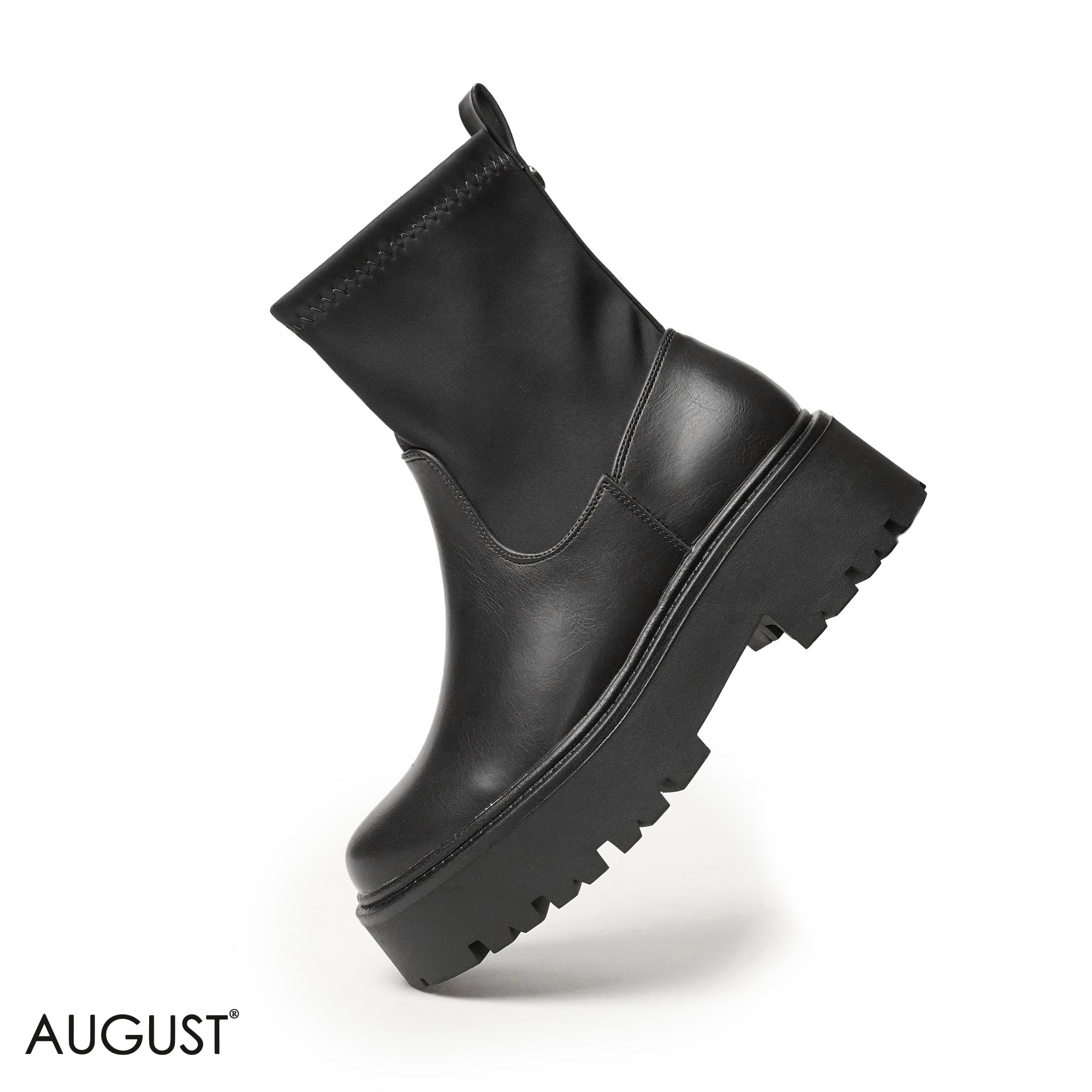 BLACK LEATHER ANKLE BOOTS WITH THICK SOLE,BACK ZIPPER