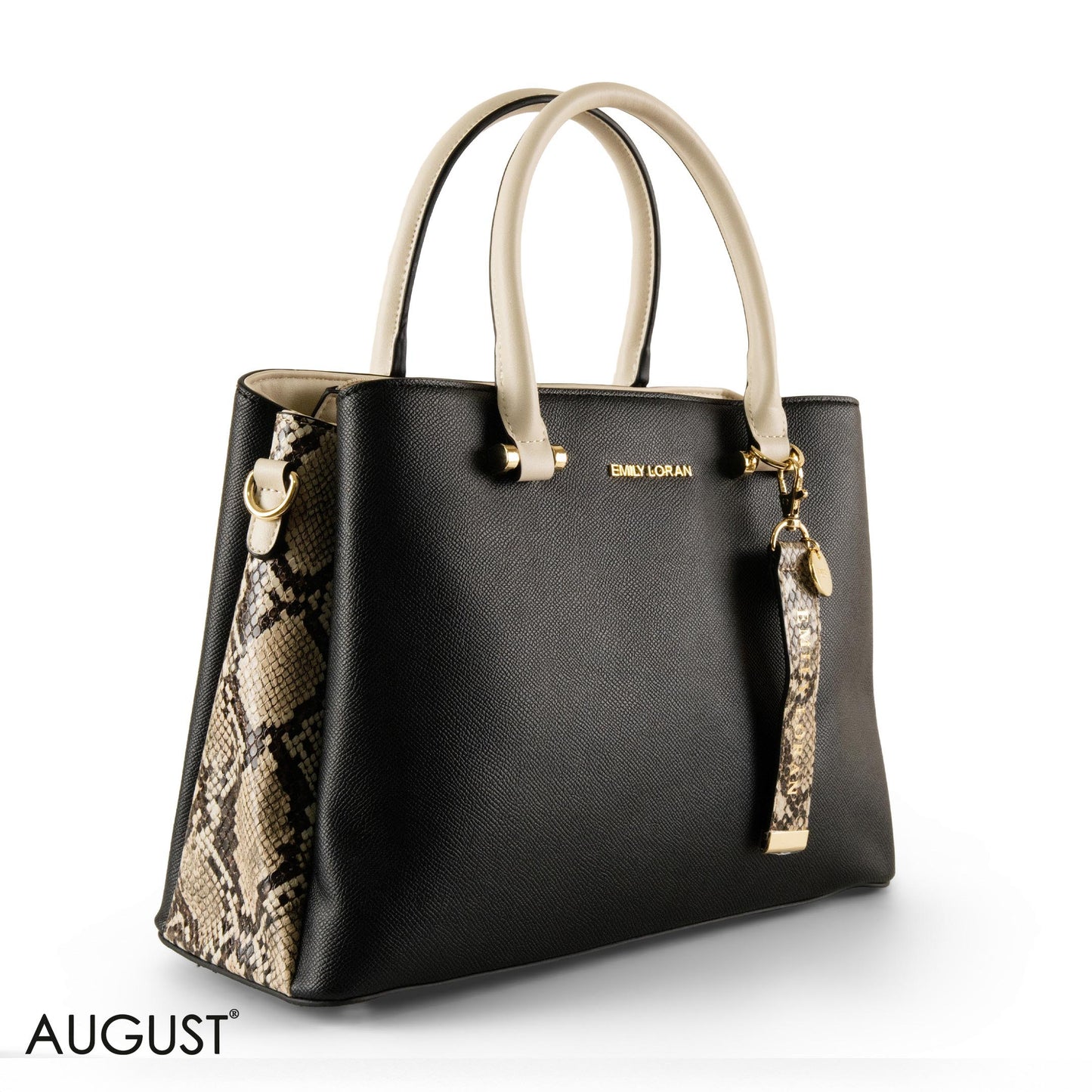 BLACK SMOOTH LEATHER HANDBAG WITH SNAKE ACCENTS - LARGE