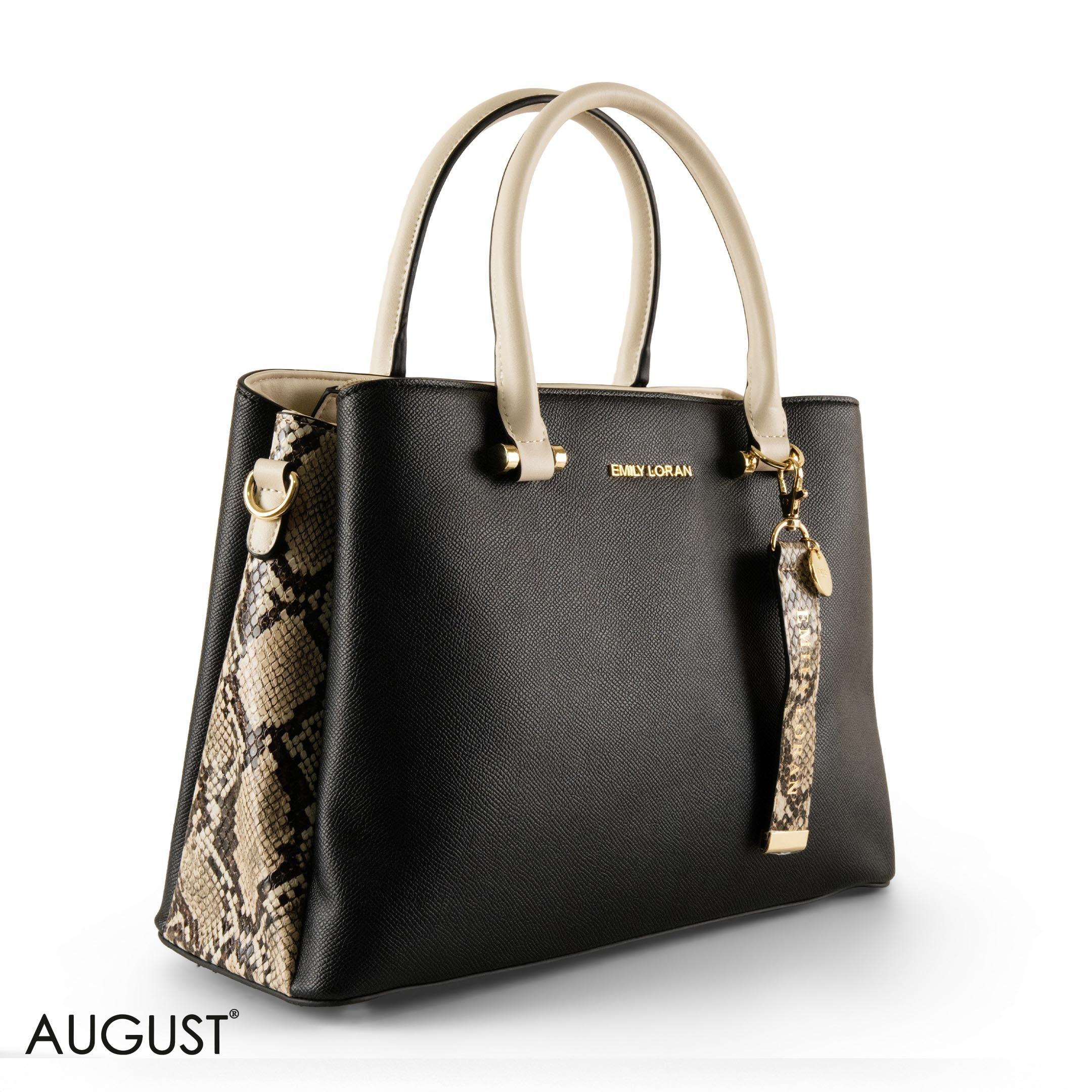 BLACK SMOOTH LEATHER HANDBAG WITH SNAKE ACCENTS - LARGE