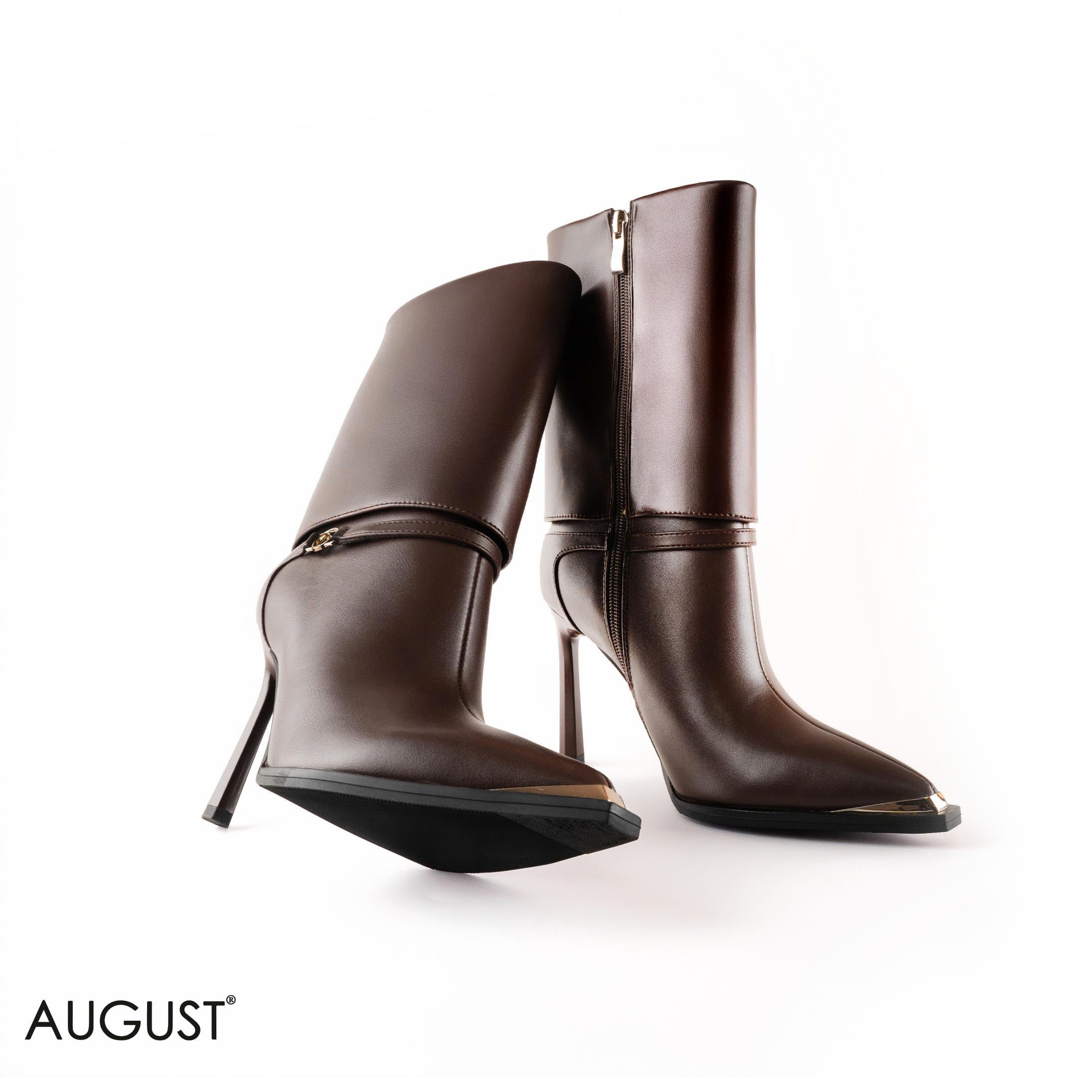BROWN LEATHER STILETTOS HEELED BOOTS WITH BUCKLE DETAIL