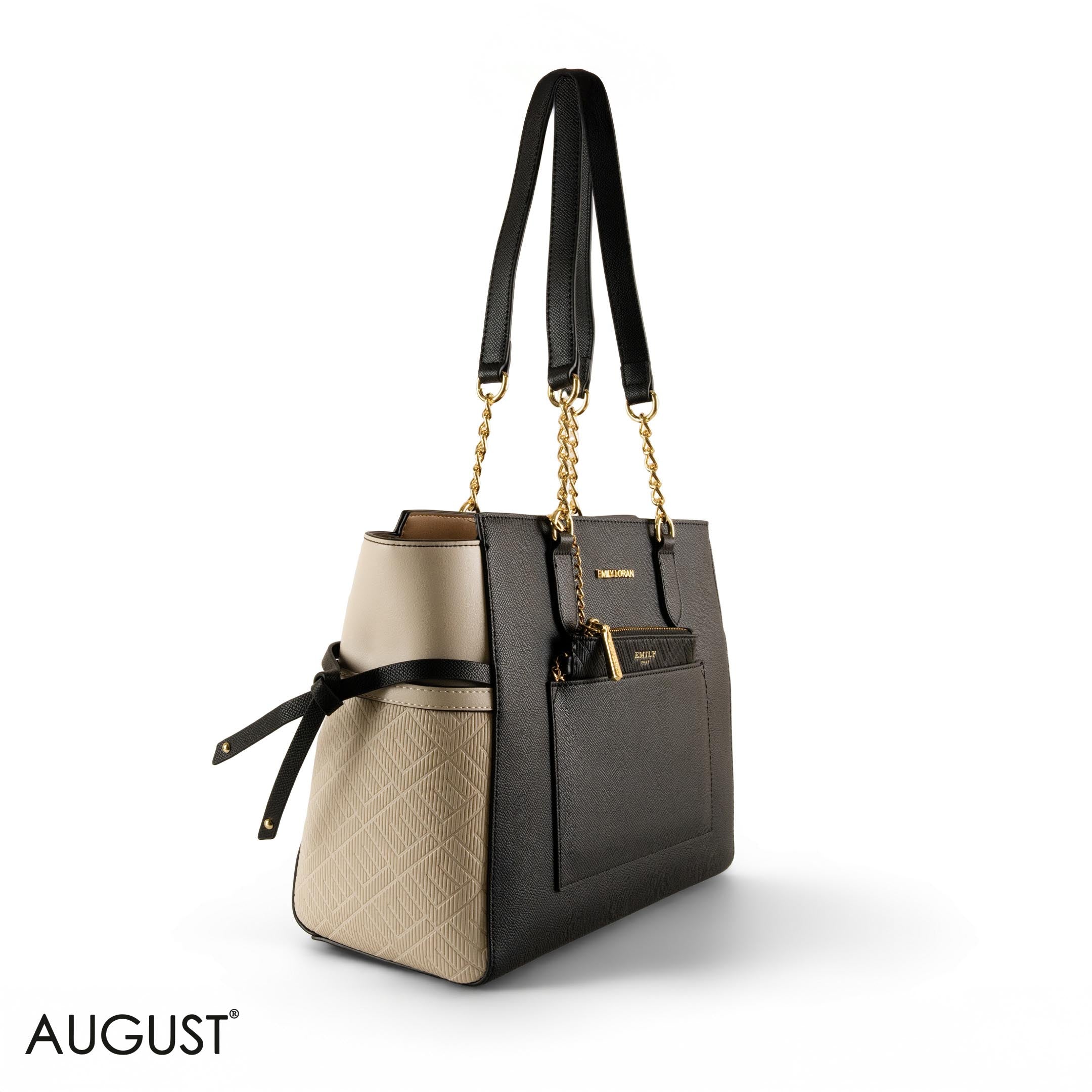 BLACK LEATHER SHOULDER BAG WITH OFF WHITE ACCENTS - LARGE