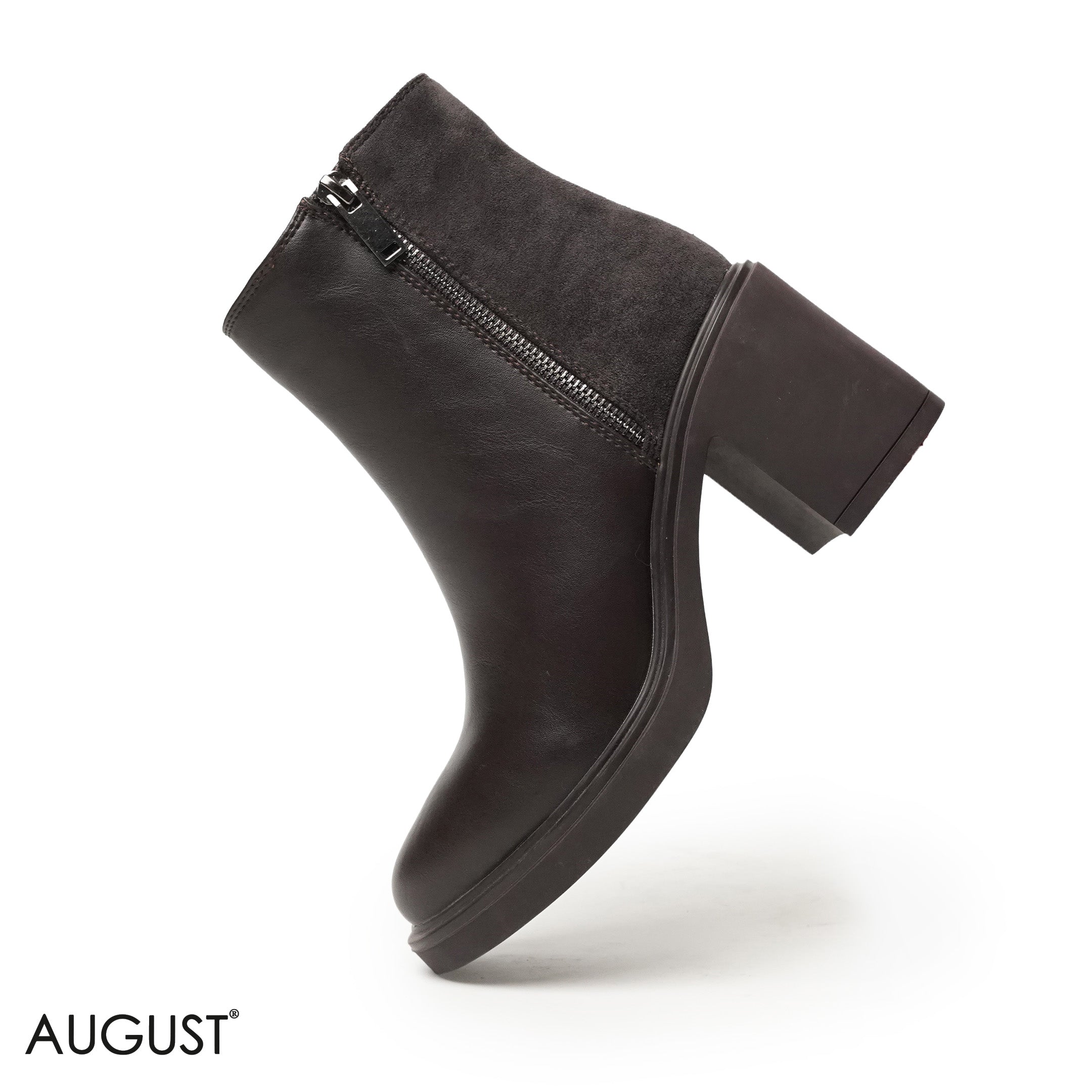 BROWN LEATHER HEELED BOOTS WITH CHAMOIS ACCENTS