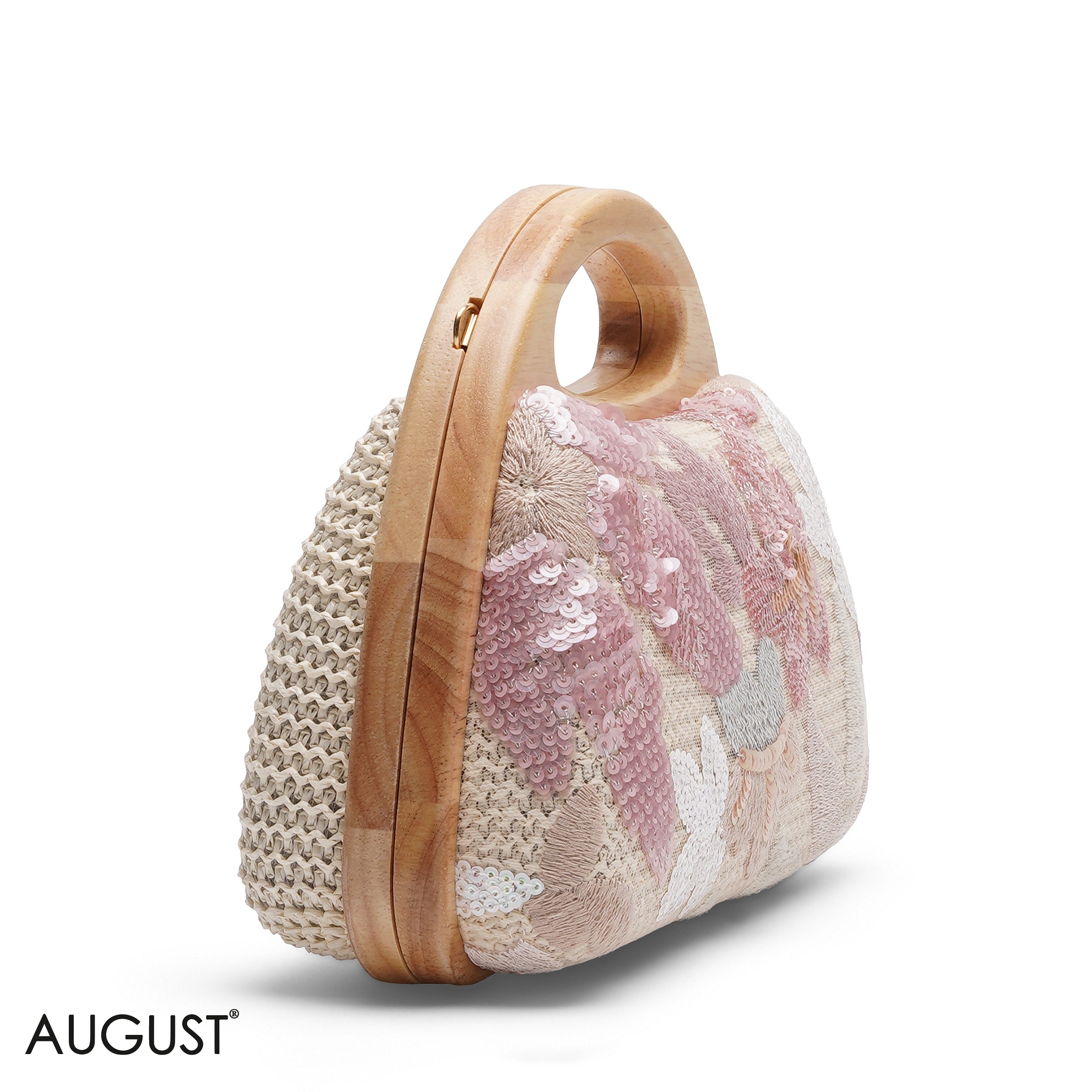 FLORAL EMBROIDERY WOODEN HANDLE CLUTCH