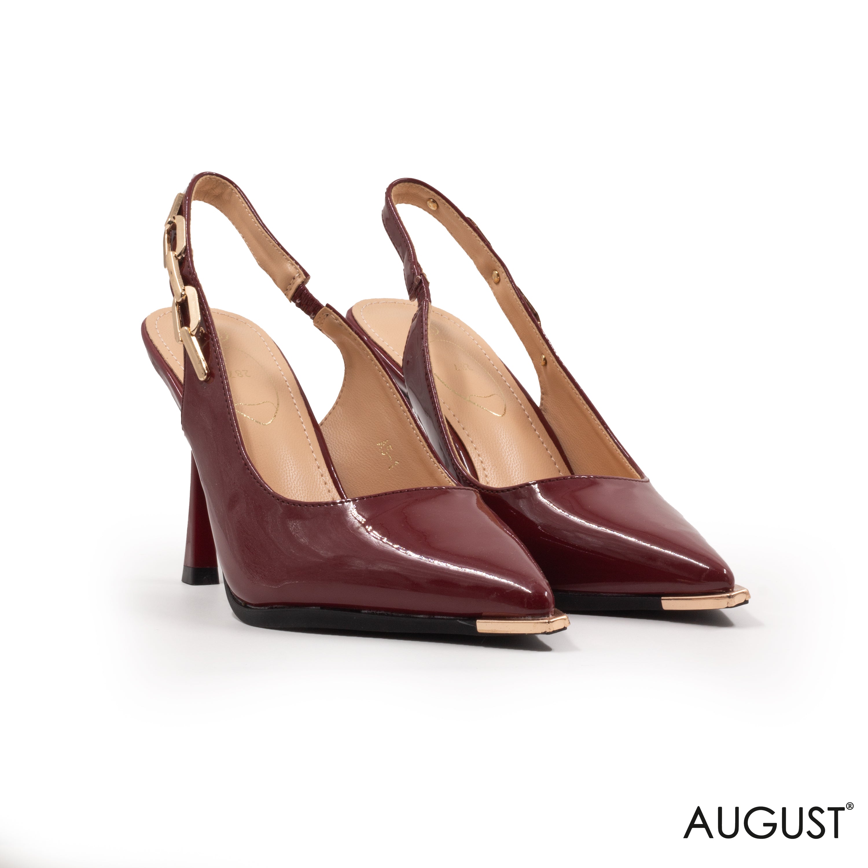 BURGUNDY GLOSSY LEATHER SLINGBACK HIGH -HEEL SHOES