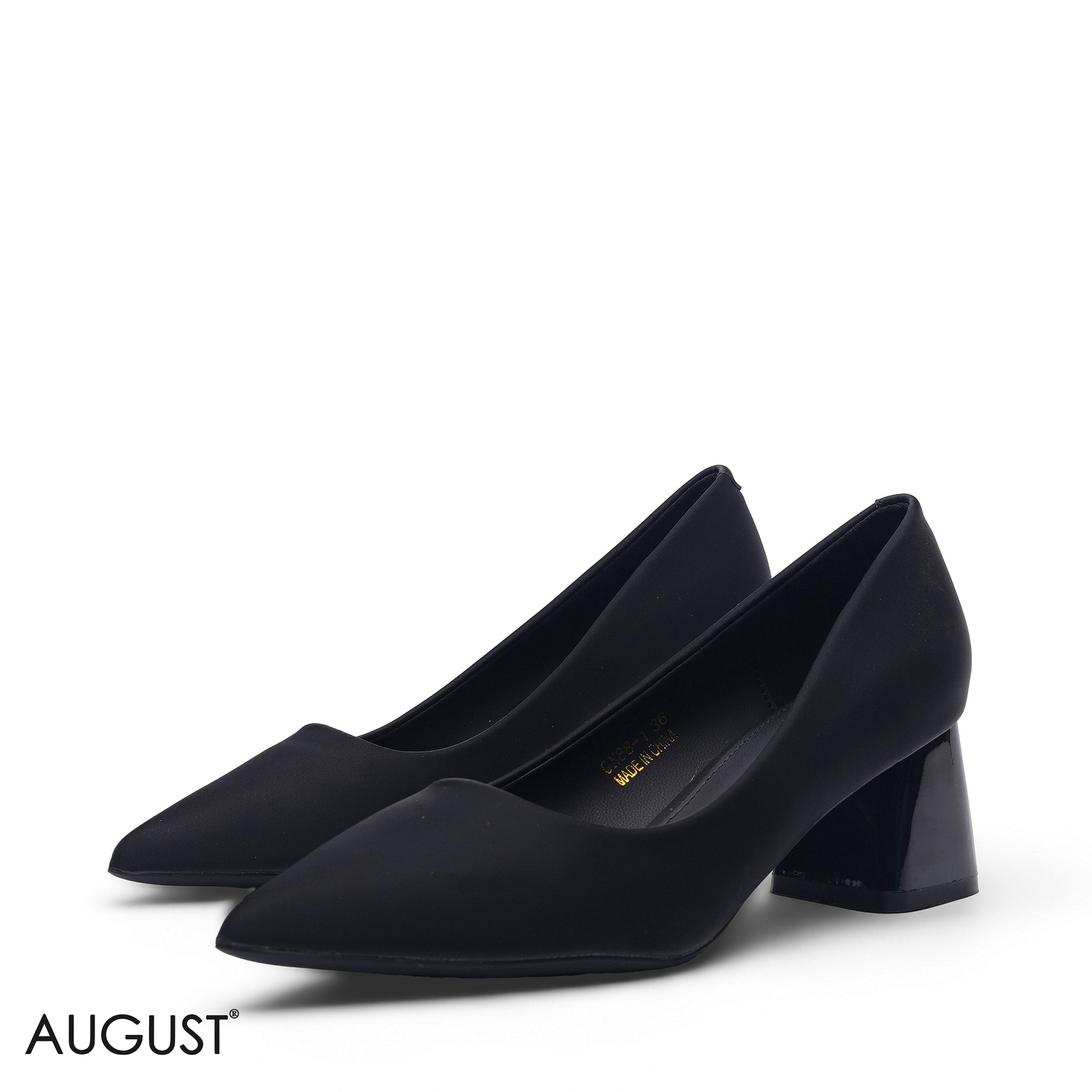 BLACK SMOOTH MATTE LEATHER POINTED BLOCK HEEL