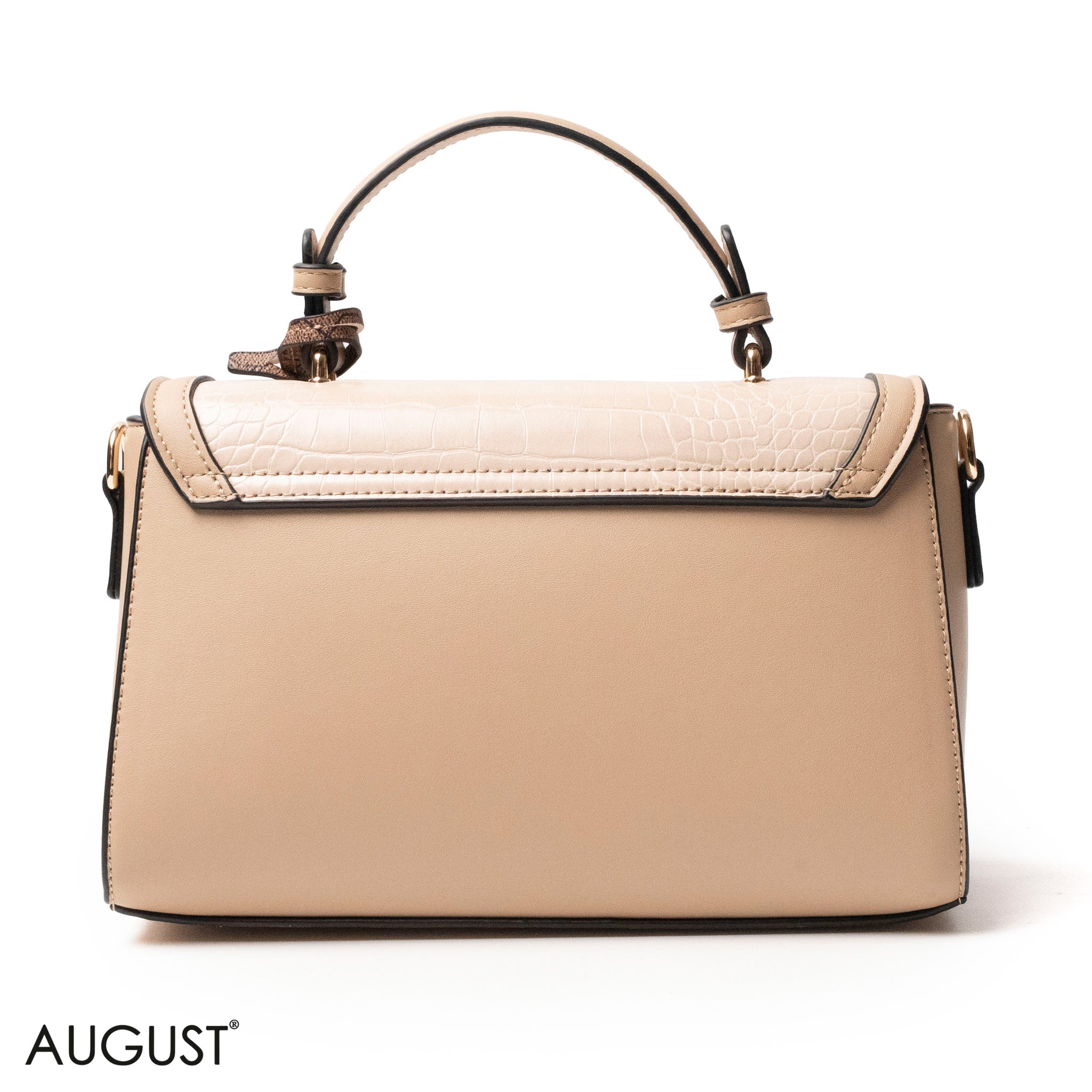 BEIGE LEATHER HANDBAG WITH CROC,BUTTERFLIES DETAILS-MED