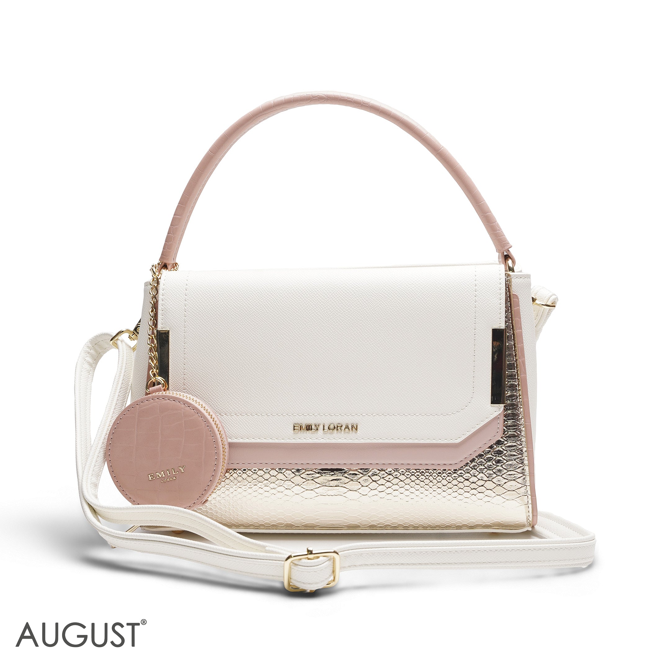 EMILY WHITE & ROSE GOLD SNAKESKIN SATCHEL BAG WITH ROUND POUCH - MED
