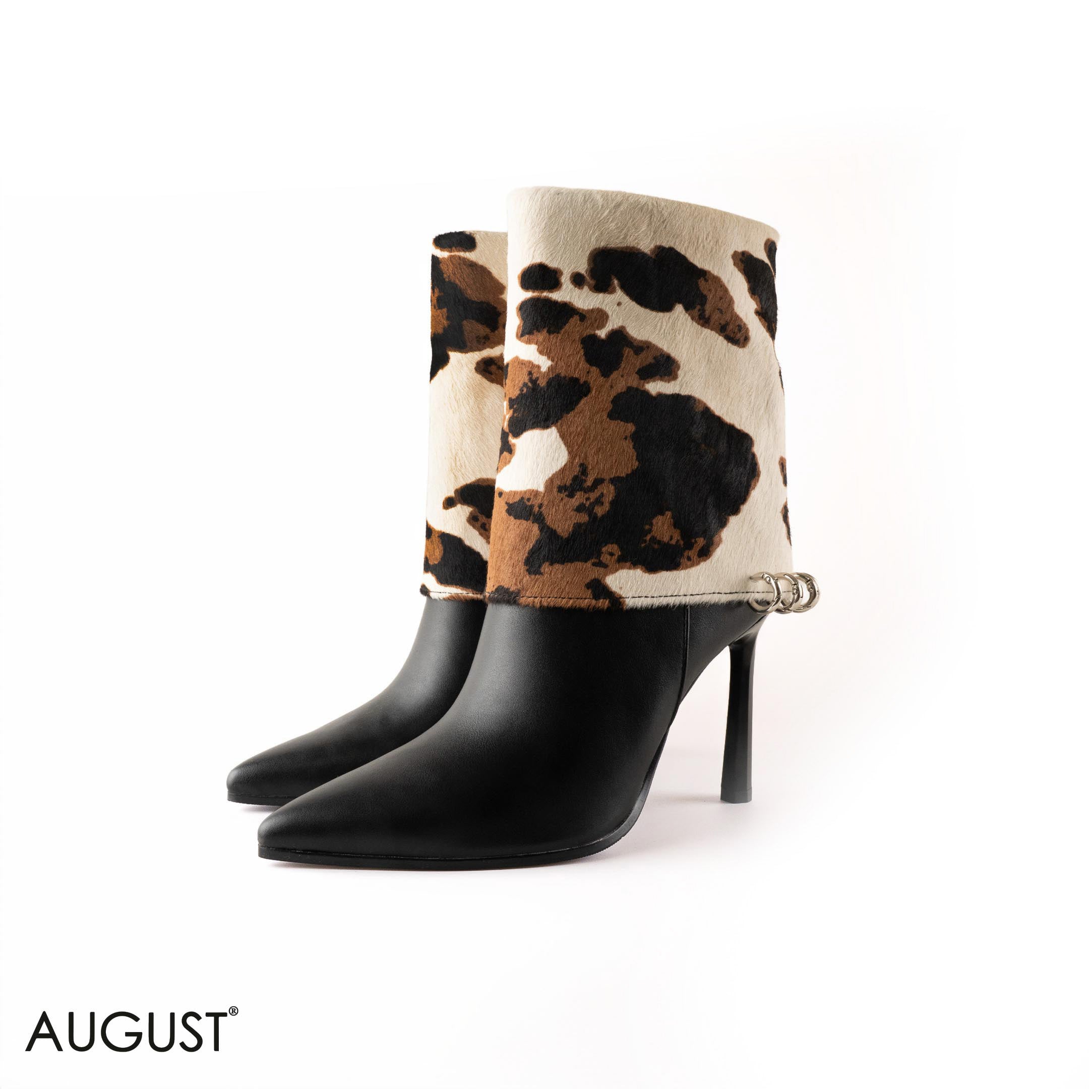 COWHIDE-PRINT STILETTOS HEELED BOOTS WITH METAL- RINGS DETAIL