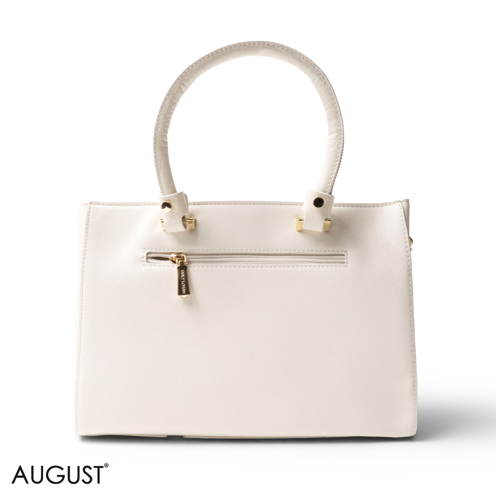 WHITE LEATHER SMOOTH HANDBAG WITH CROC DETAILS-LARGE