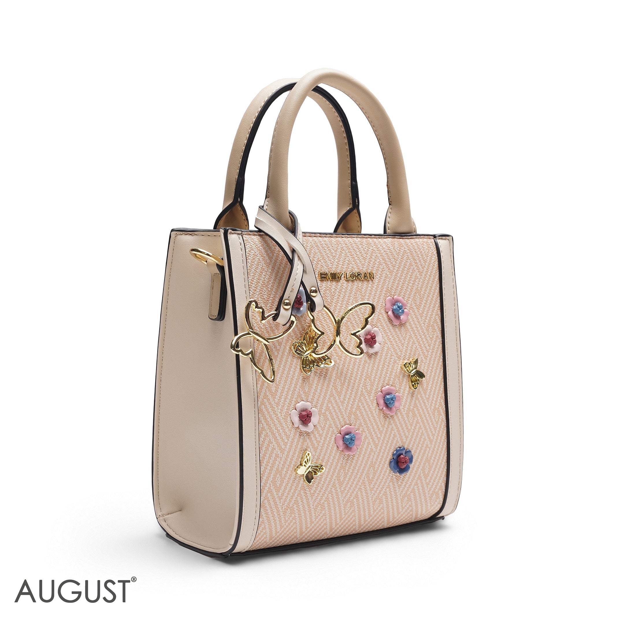 PEACH SQUARE TOTE WITH FLORAL APPLIQUÉS - SMALL
