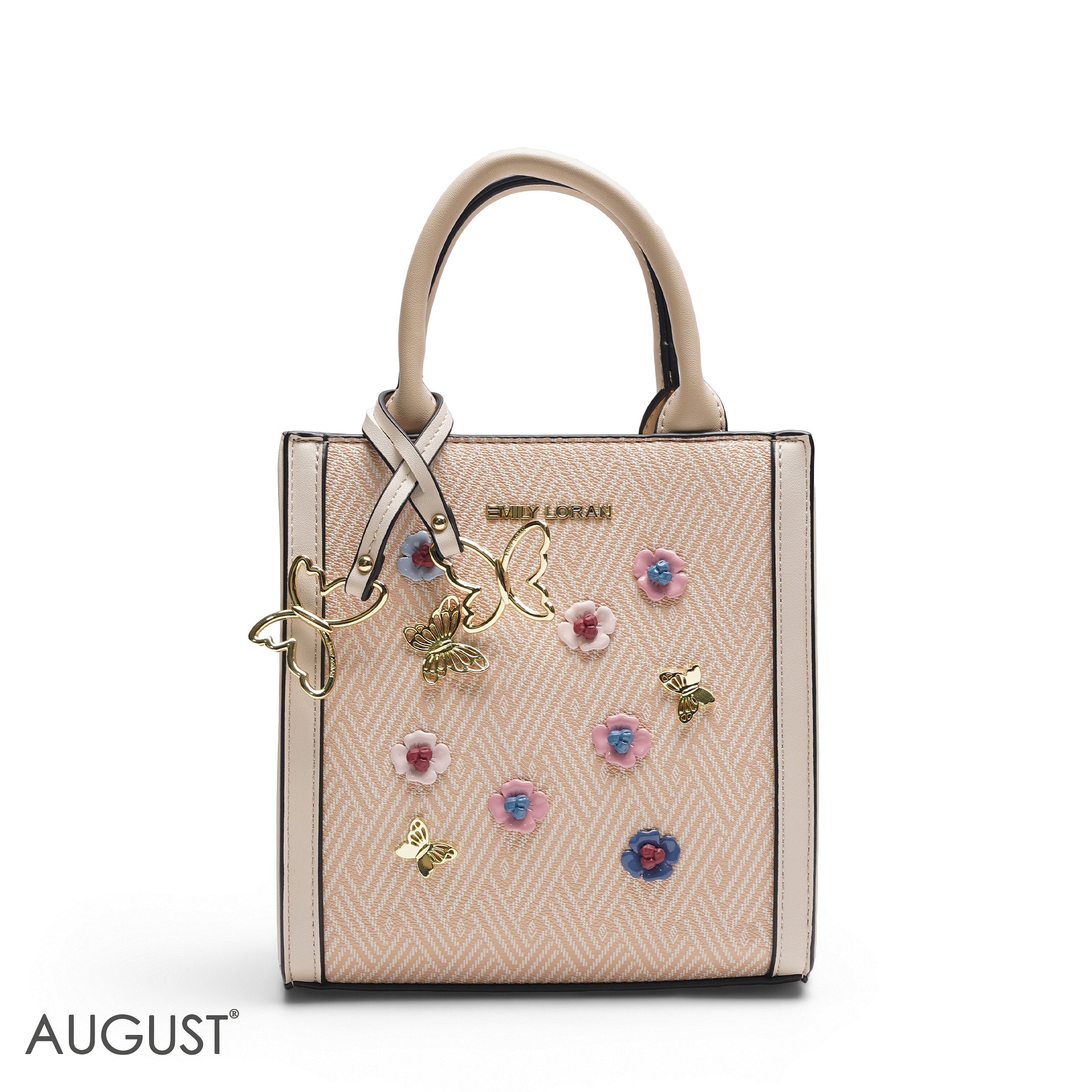 PEACH SQUARE TOTE WITH FLORAL APPLIQUÉS - SMALL