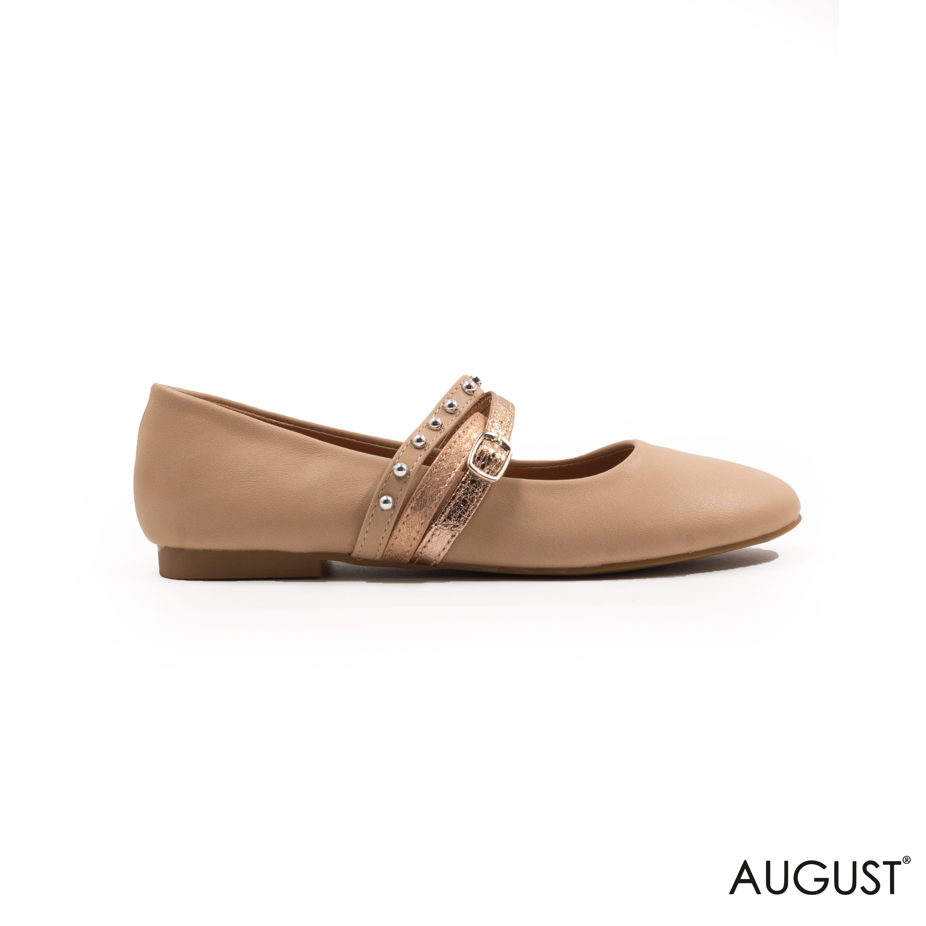 BEIGE LEATHER BALLET FLAT WITH STRAPPY AND BUCKLE