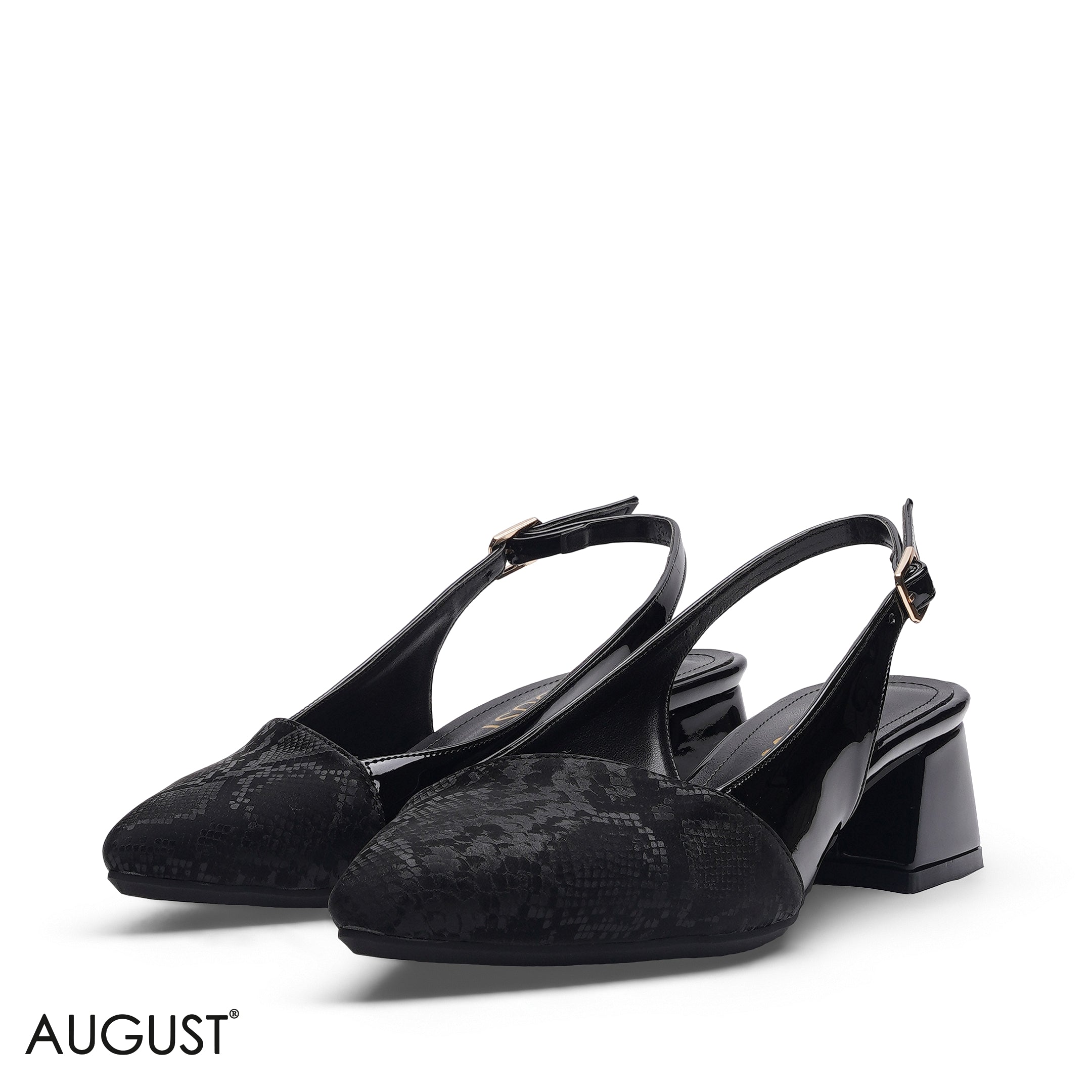 BLACK SNAKE EFFECT PATENT LEATHER SLINGBACK HEELS