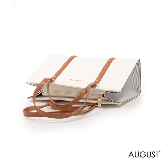 WHITE EMILY LORAN HANDBAG WITH BROWN LEATHER TRIM -LARGE