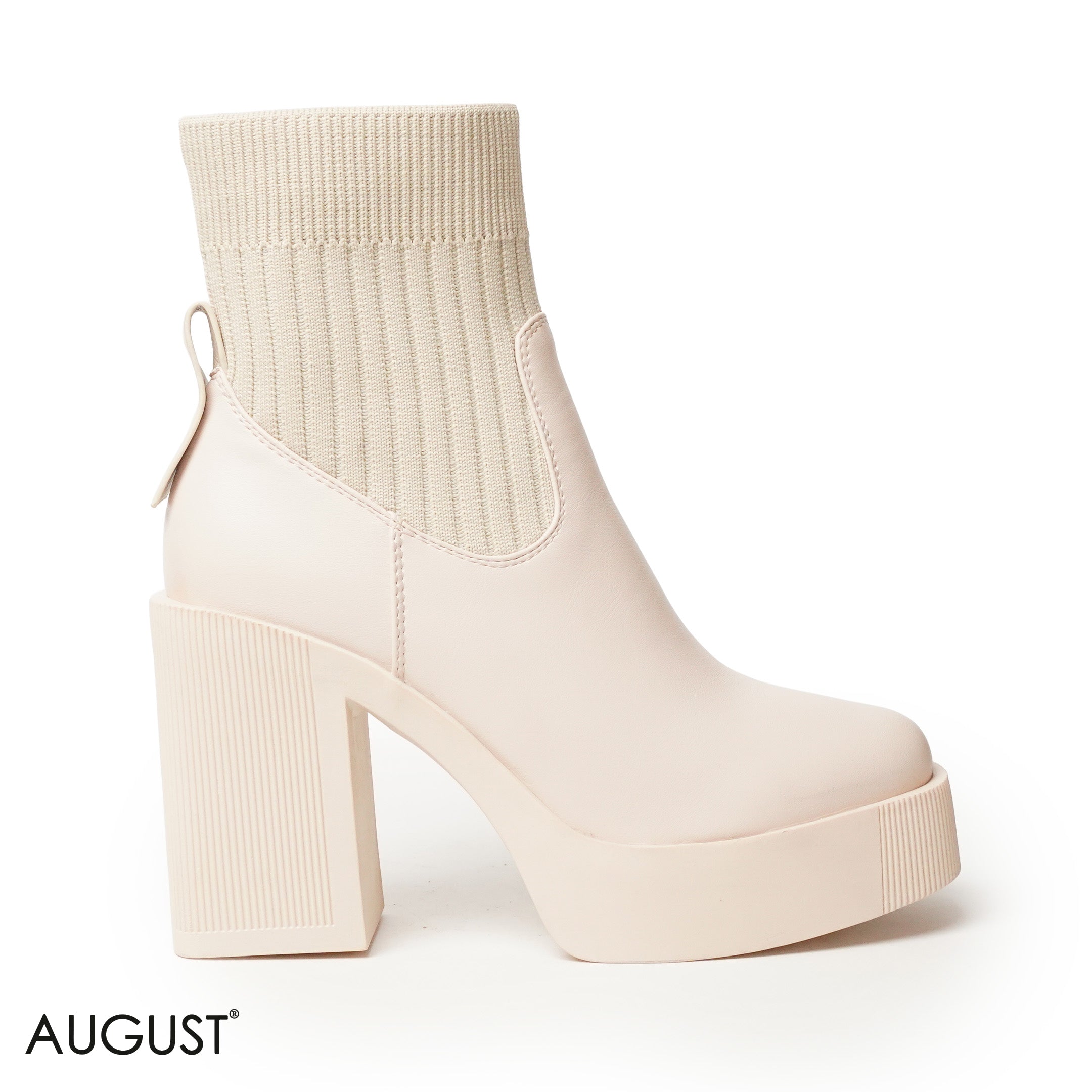 BEIGE STRETCHY SOCK HEELED ANKLE BOOTS
