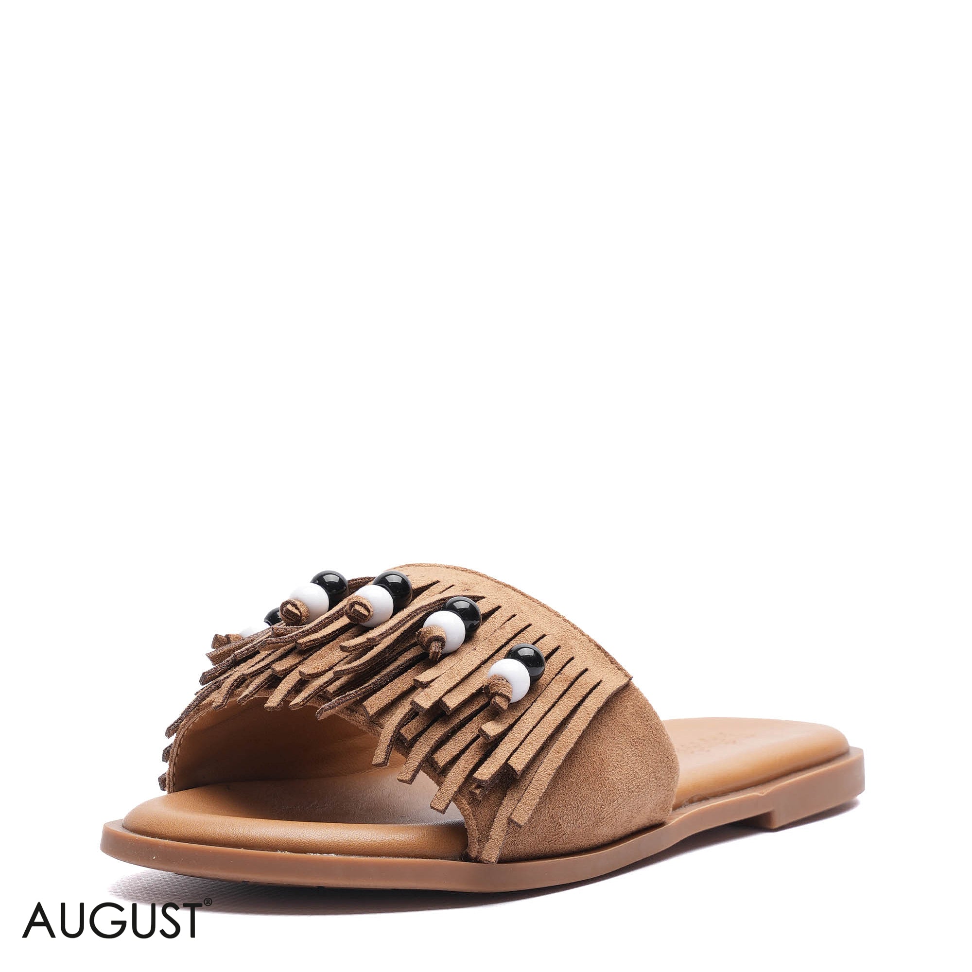 BEADED FRINGE SUEDE CASUAL FLAT SLIDERS