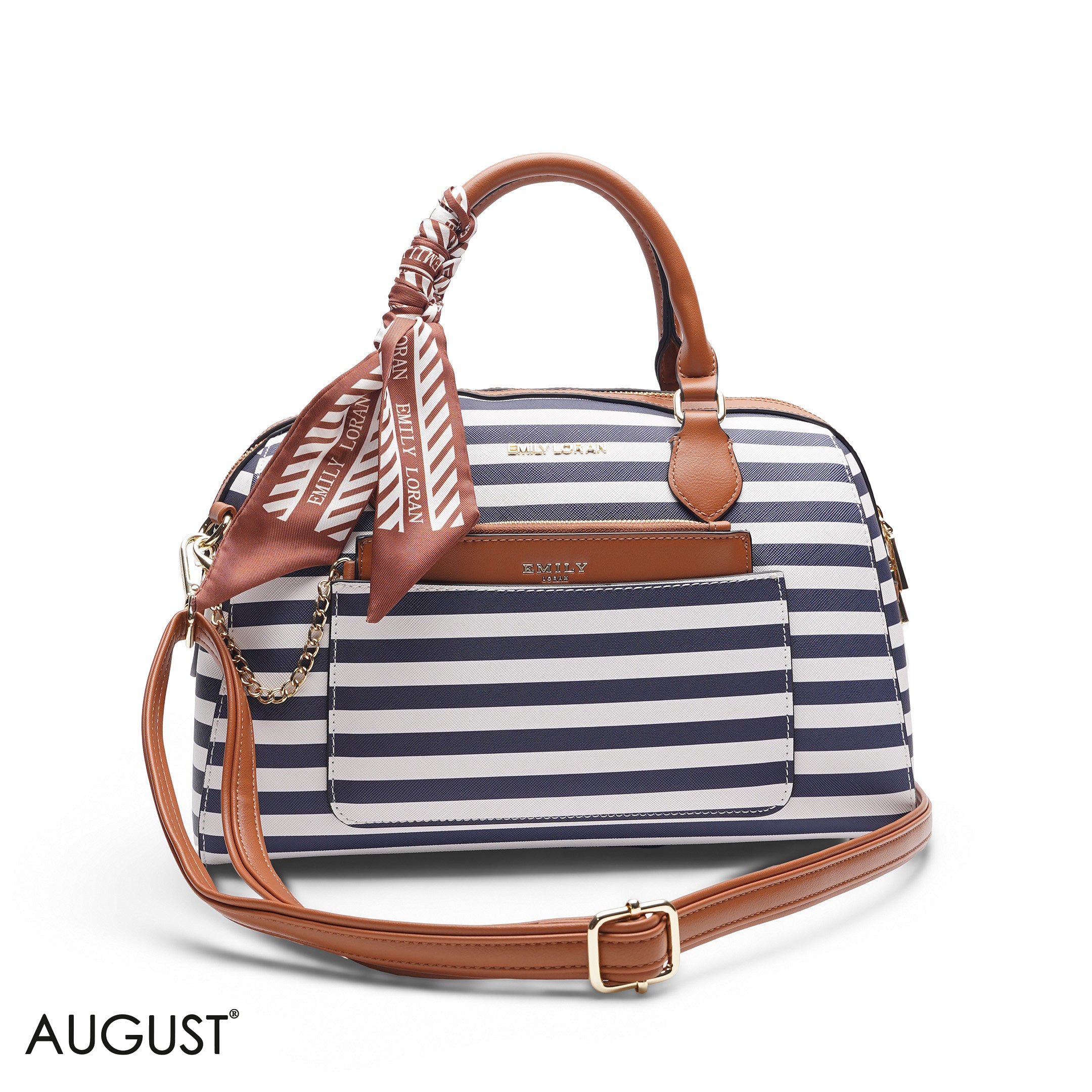 STRIPED BLACK & WHITE BAG WITH FRONT POUCH & SCARF - LARGE