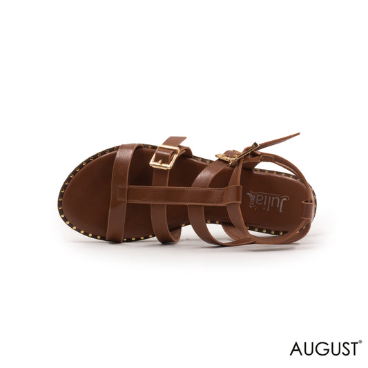 BROWN LEATHER FLAT SANDALS WITH STRAPPY BUCKLES
