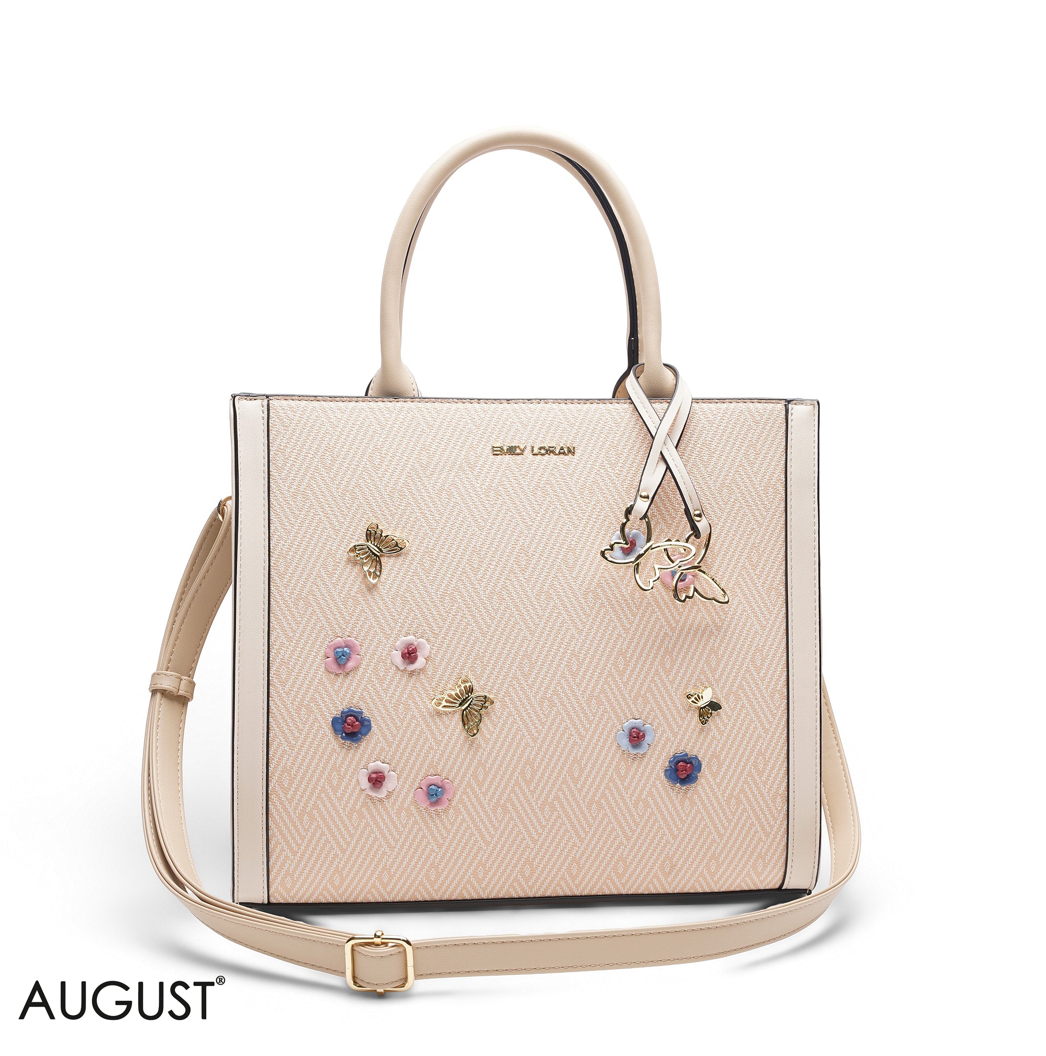 PEACH SQUARE TOTE WITH FLORAL APPLIQUÉS - LARGE