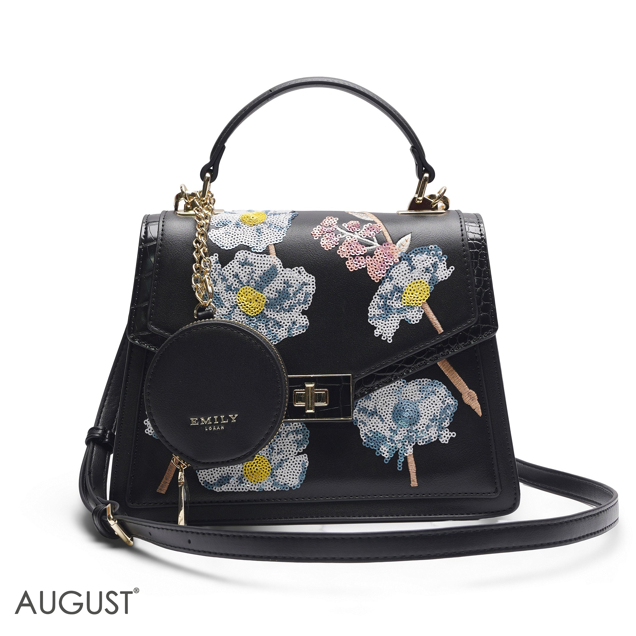 BLACK SEQUIN FLORAL SATCHEL WITH ROUND POUCH