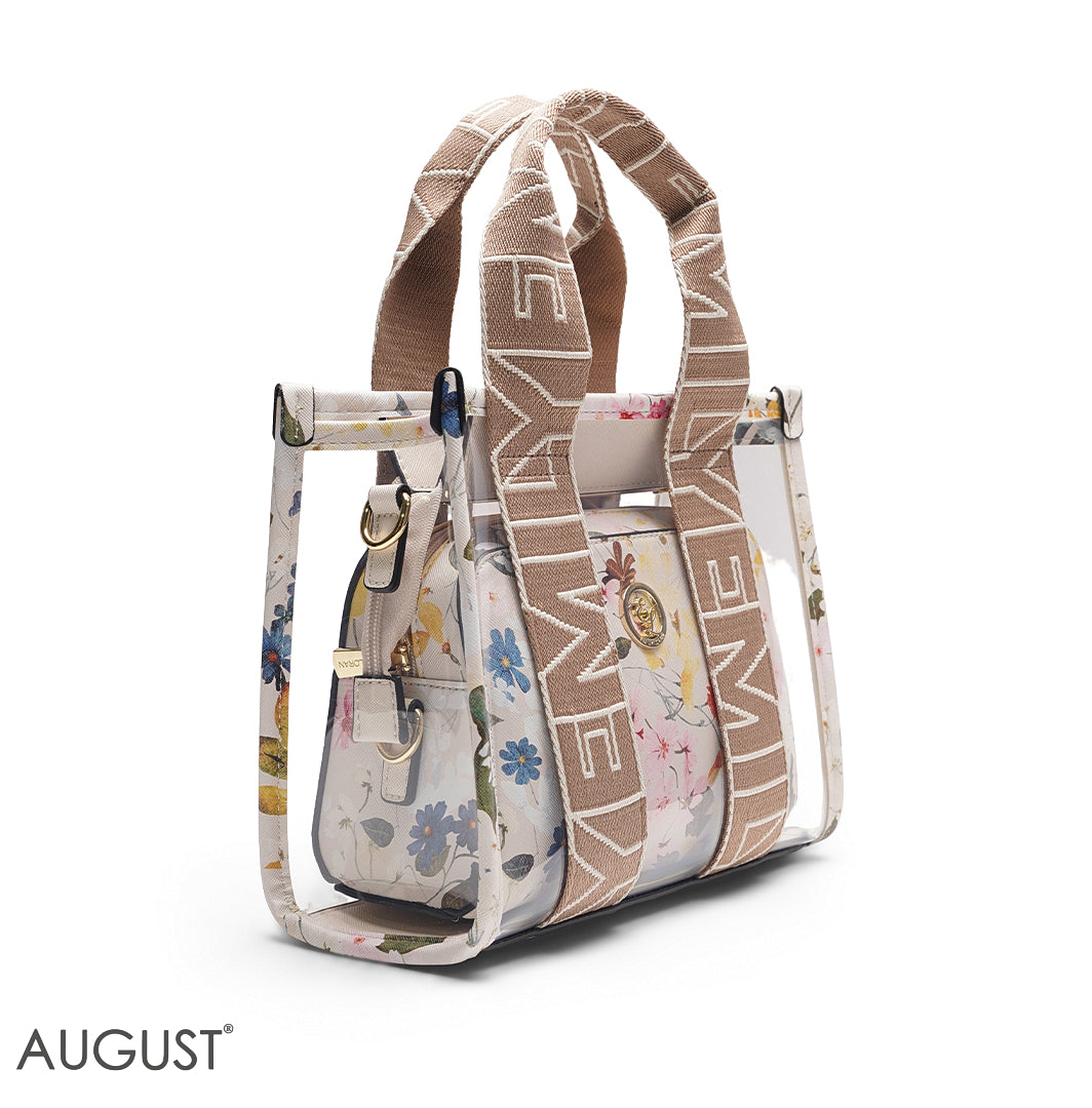 BEIGE TRANSPARENT BAG WITH FLORAL INNER POUCH