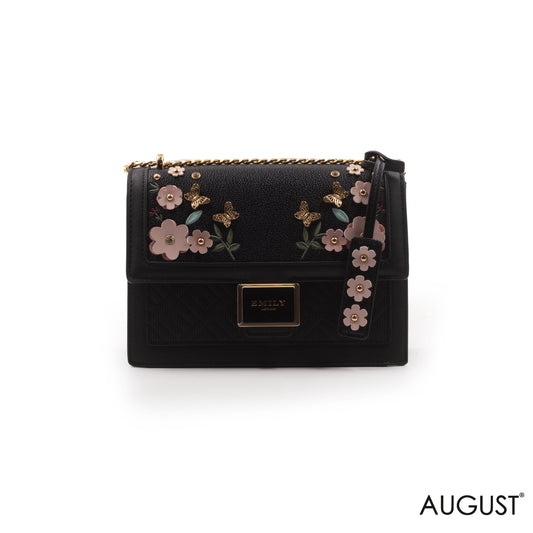 LEATHER CROSSBODY BAG WITH FLORAL , BUTTERFLY EMBROIDERY -MED
