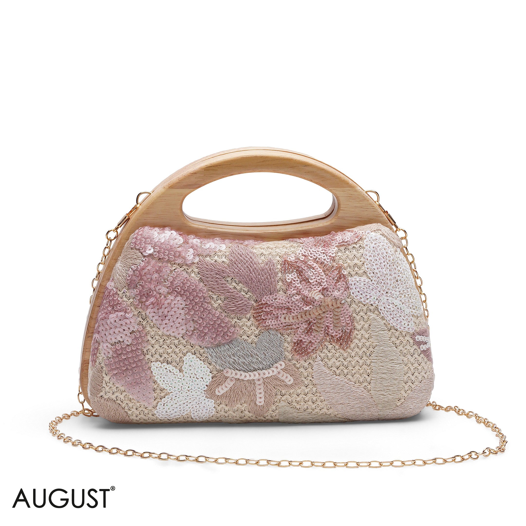 FLORAL EMBROIDERY WOODEN HANDLE CLUTCH