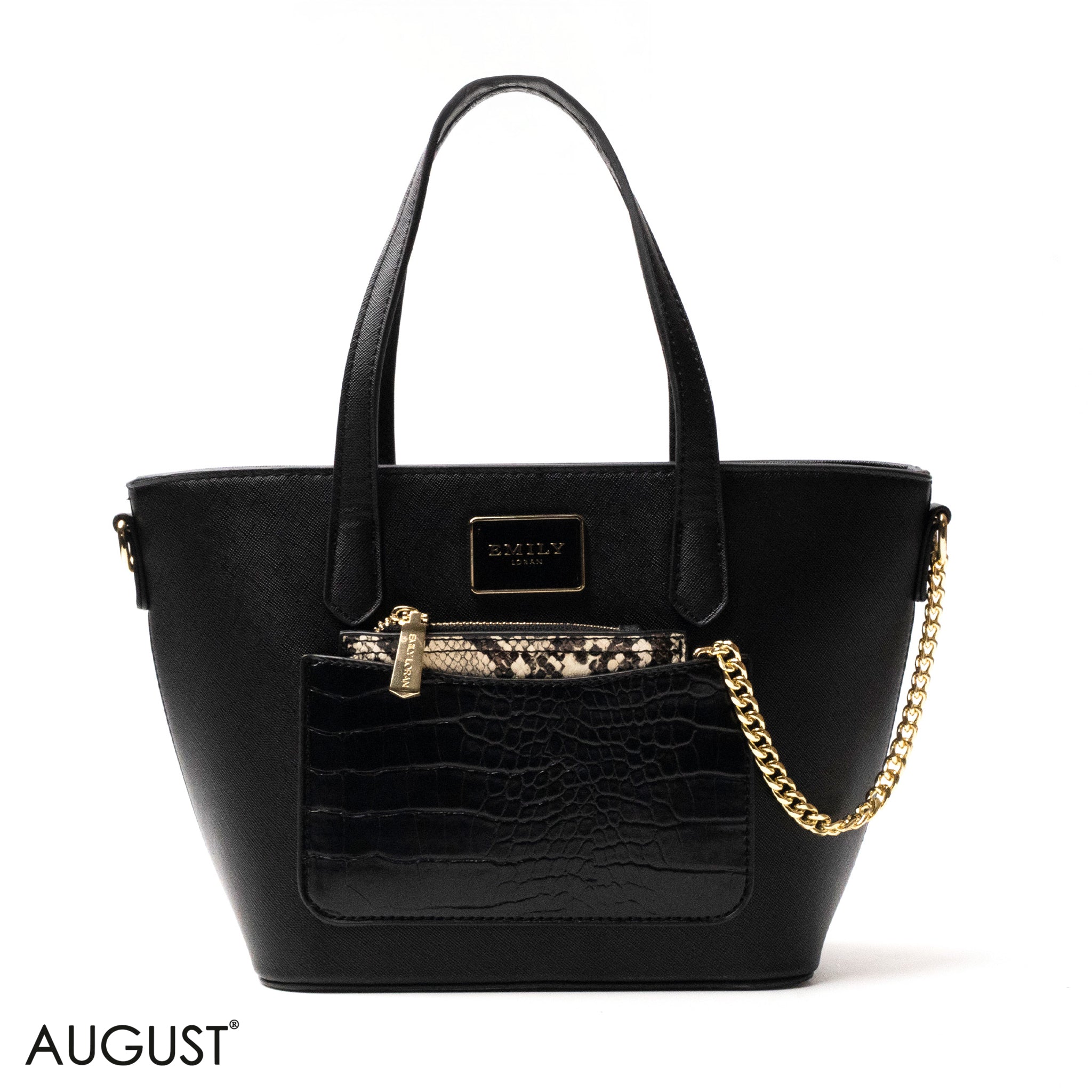 LEATHER HANDBAG WITH SNAKE,CROC ACCENTS - MED