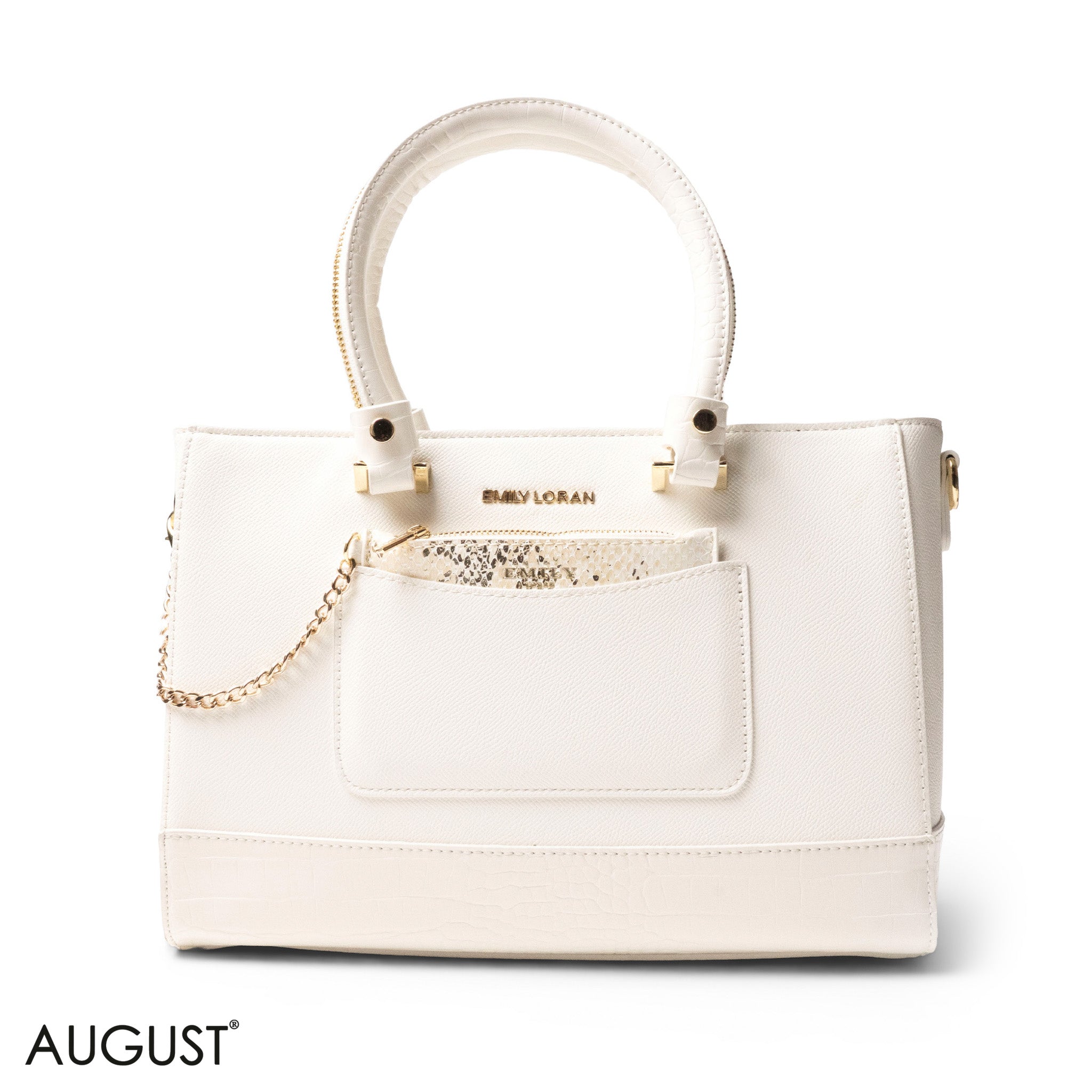 WHITE LEATHER SMOOTH HANDBAG WITH CROC DETAILS-LARGE