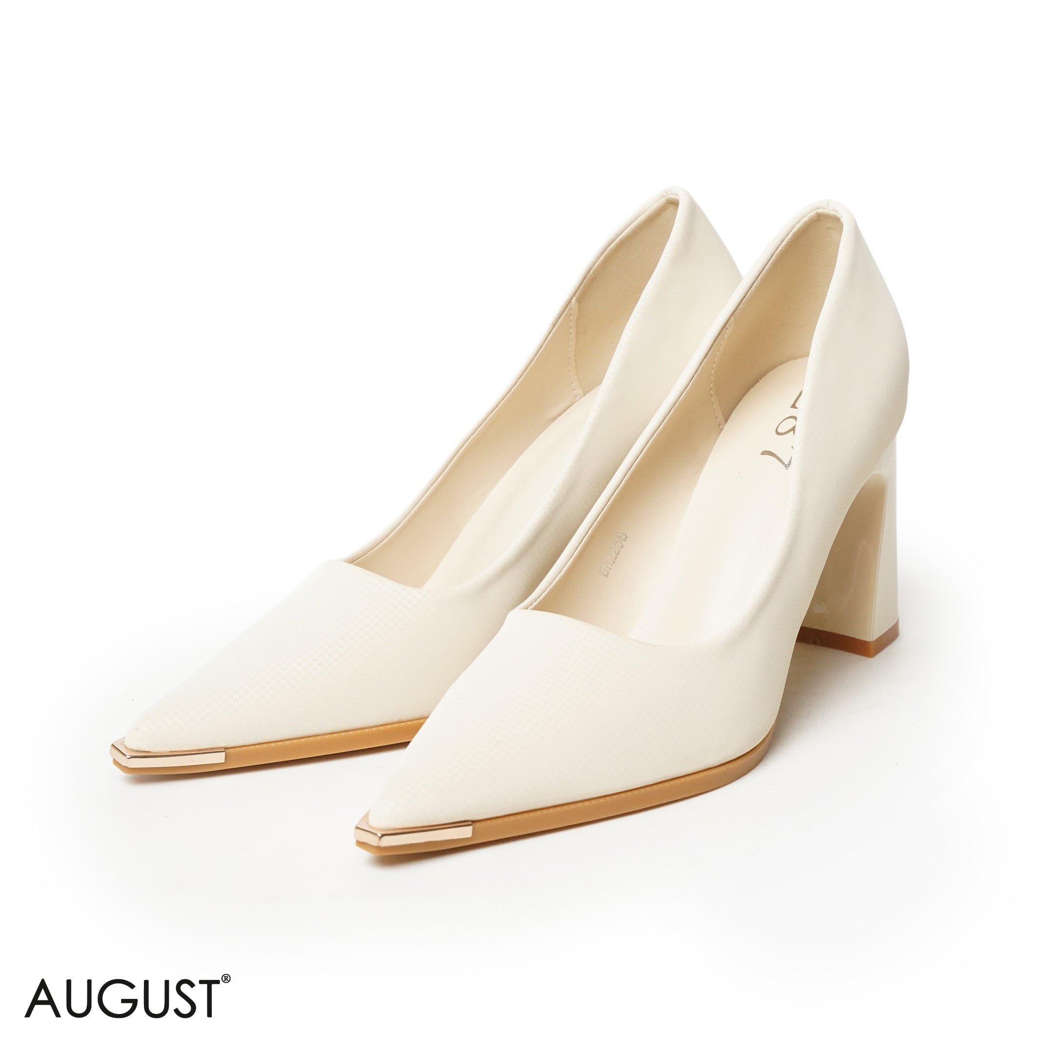 BEIGE LEATHER MED-HEELS SHOES WITH WITH GOLD POINTED TOE