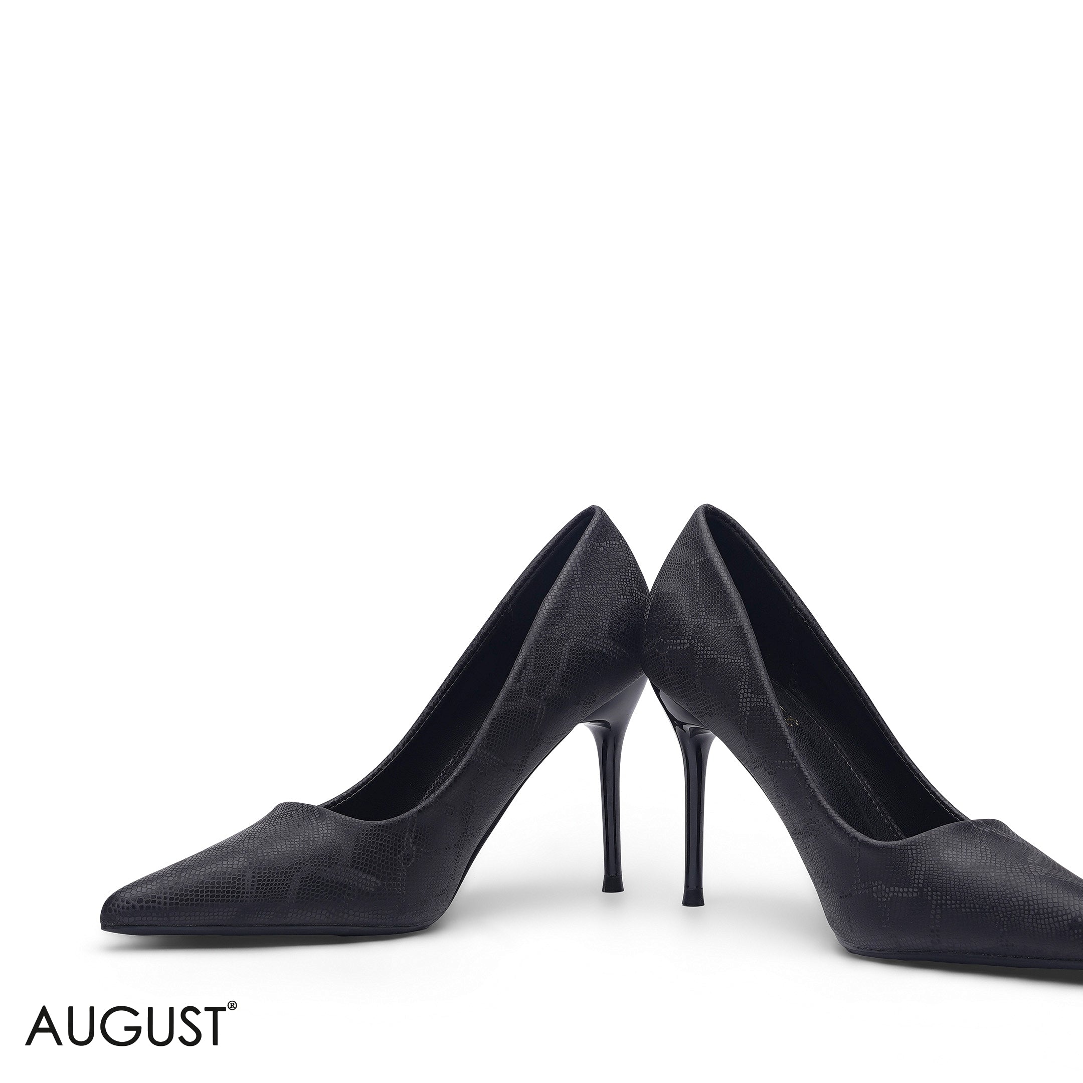 BLACK SNAKESKIN PATTERN LEATHER POINTED TOE HEELS