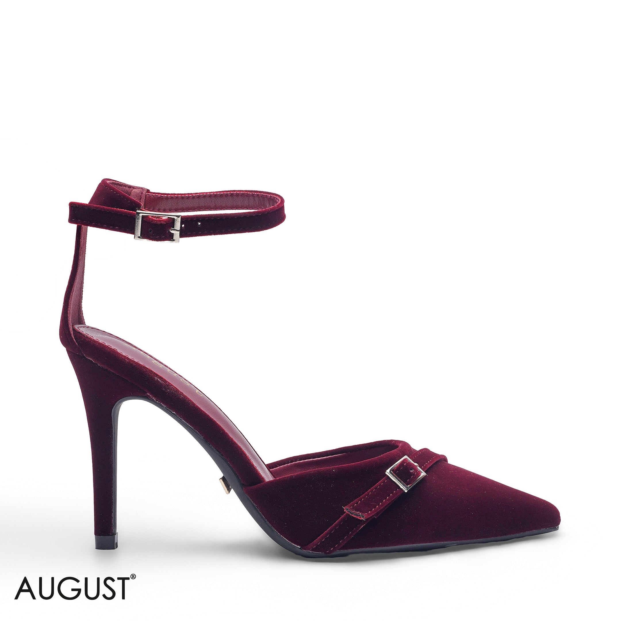 MAROON DOUBLE STRAP VELVET HEELS