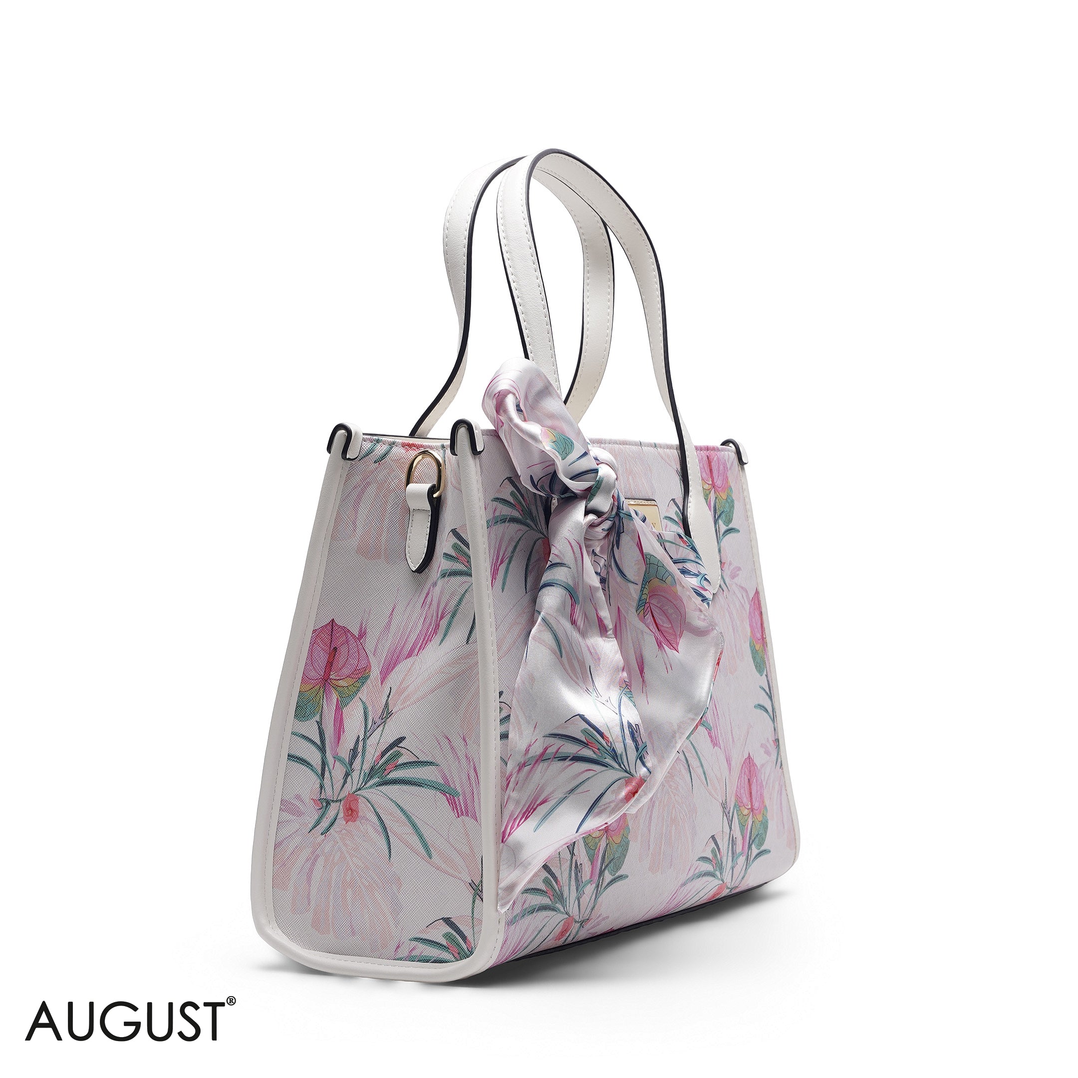WHITE FLORAL LEATHER HANDBAG WITH FLORAL PRINT SCARF - LARGE