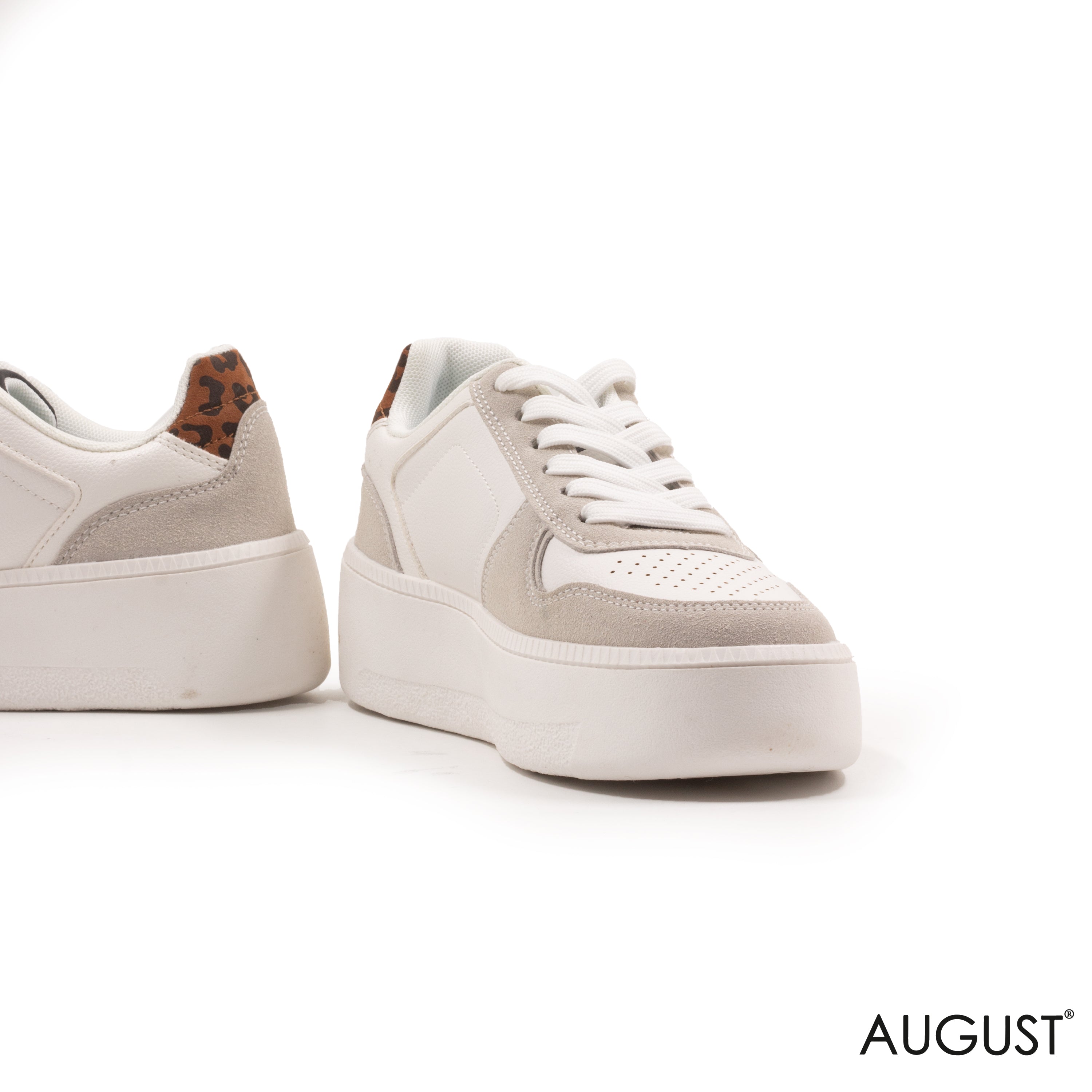 WHITE LEATHER ,GRAY FABRIC SNEAKERS WITH TIGER TOUCH
