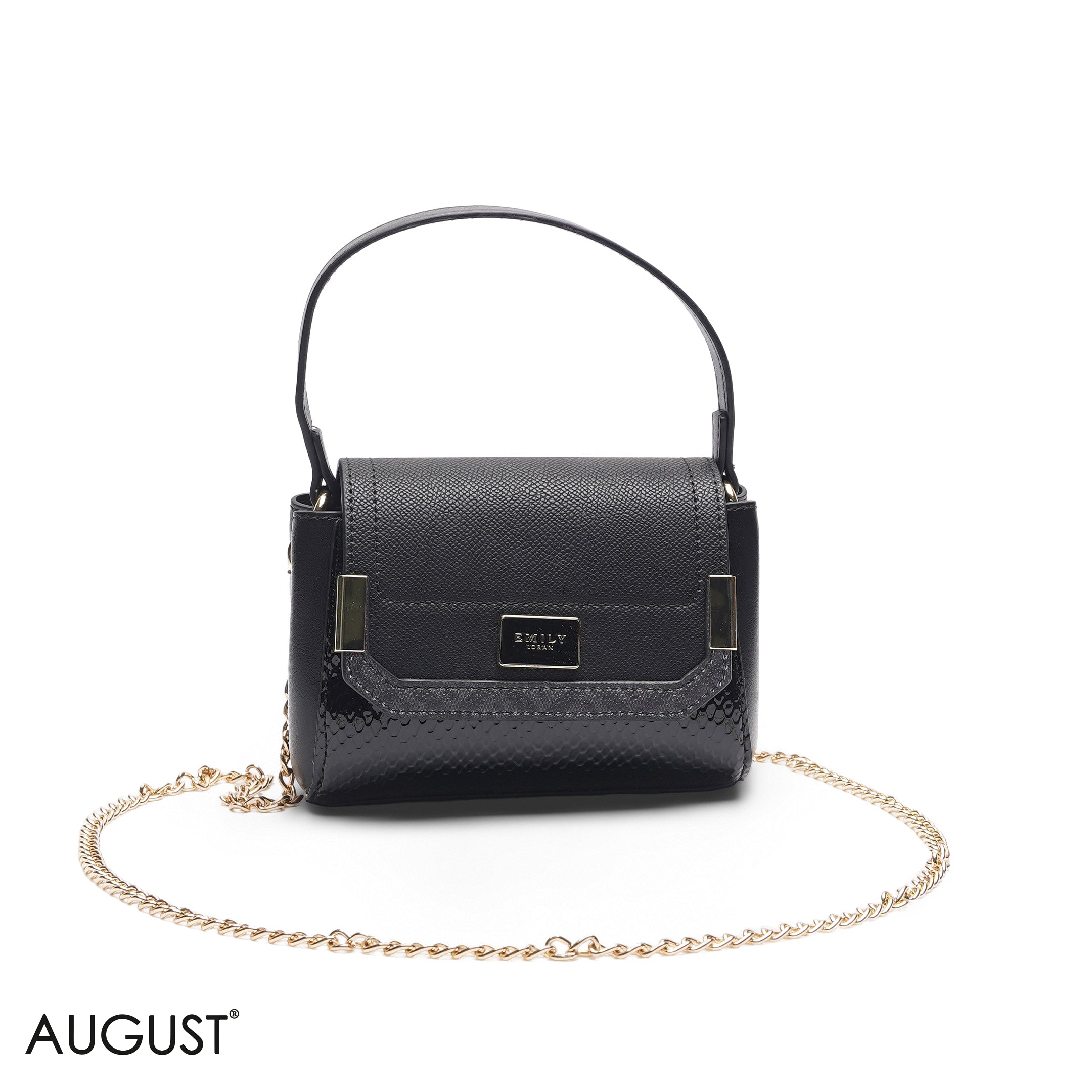 MINI BLACK SOLID FLAP BAG WITH GOLD CHAIN