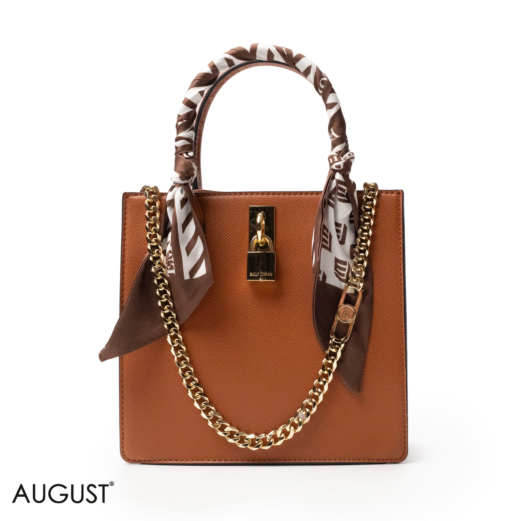 CAMEL LEATHER HANDBAG WITH SILKY SCARF, METAL CHAIN - MED