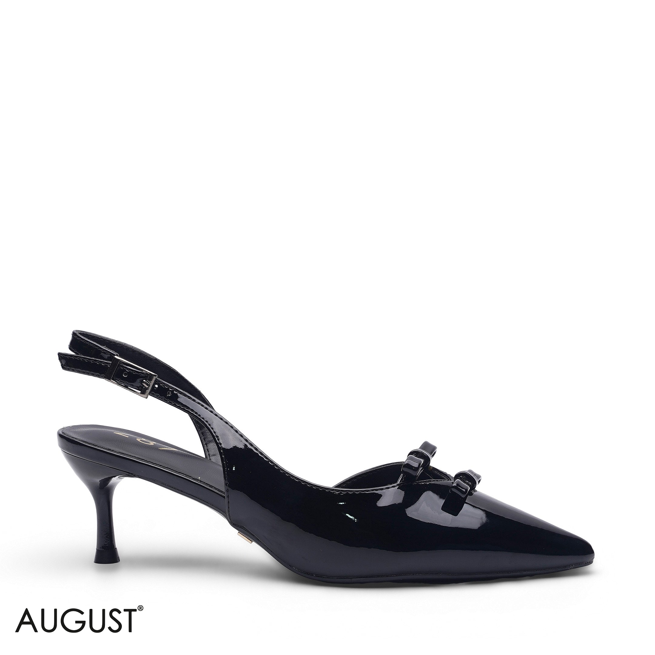 BLACK GLOSSY PATENT LEATHER BOW ACCENT POINTED SLINGBACK HEELS