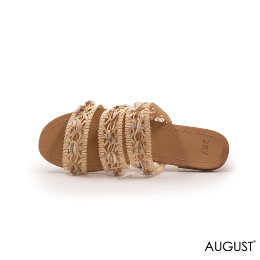 WOVEN RIBBONS FLAT SLIPPERS WITH SEASHELLS DETAILS