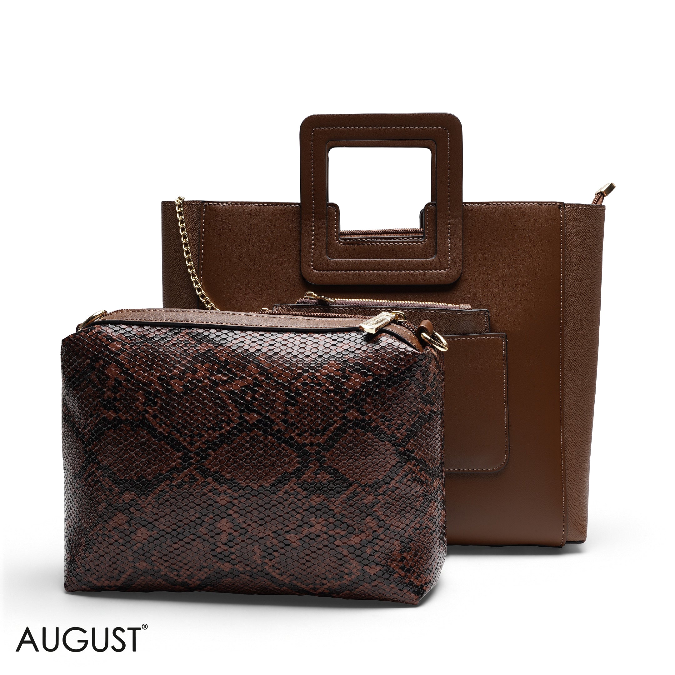 BROWN TEXTURED LEATHER TOTE WITH SNAKESKIN POUCH BAG