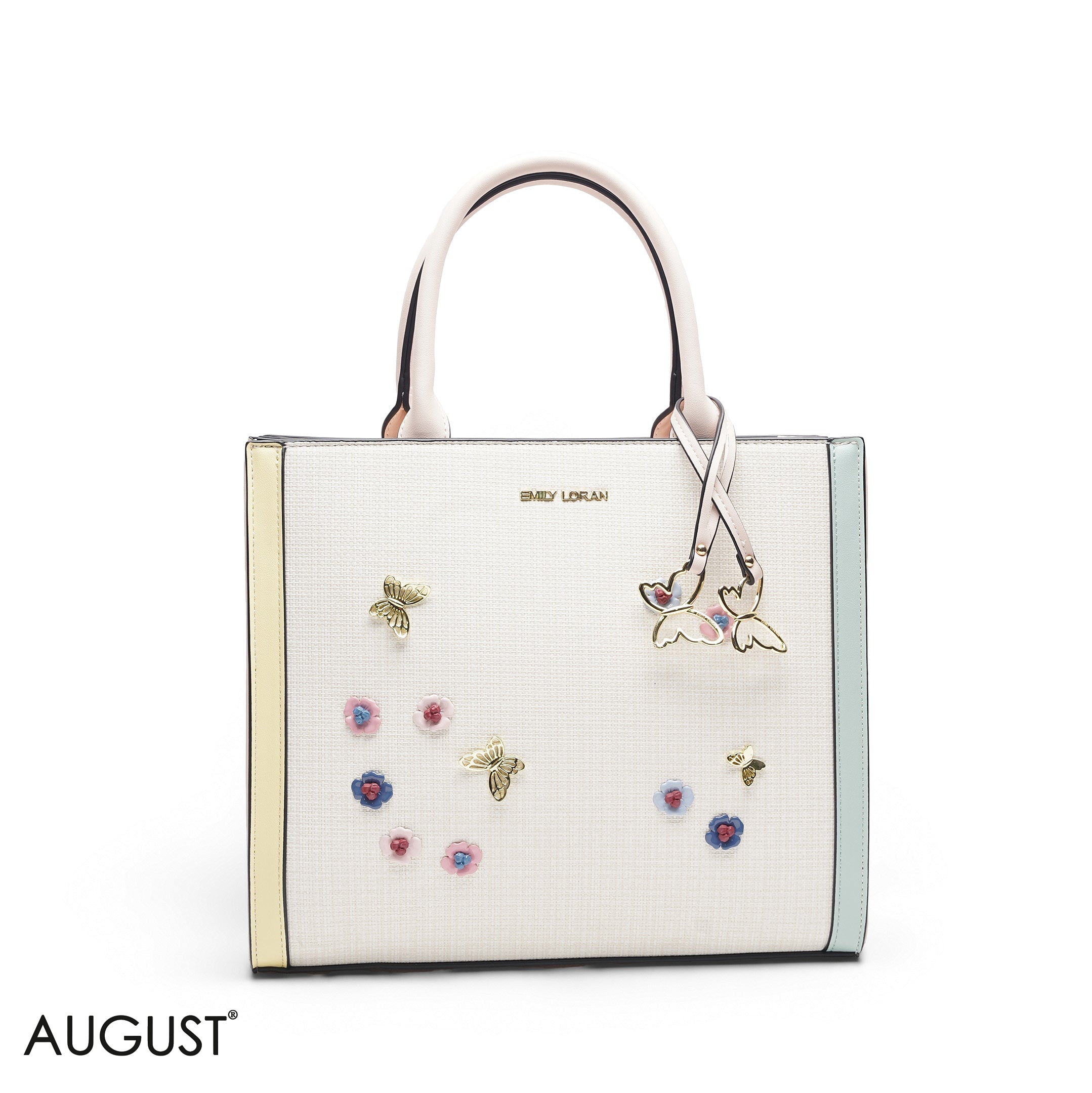 MULTI COLOR SQUARE TOTE WITH FLORAL APPLIQUÉS - LARGE