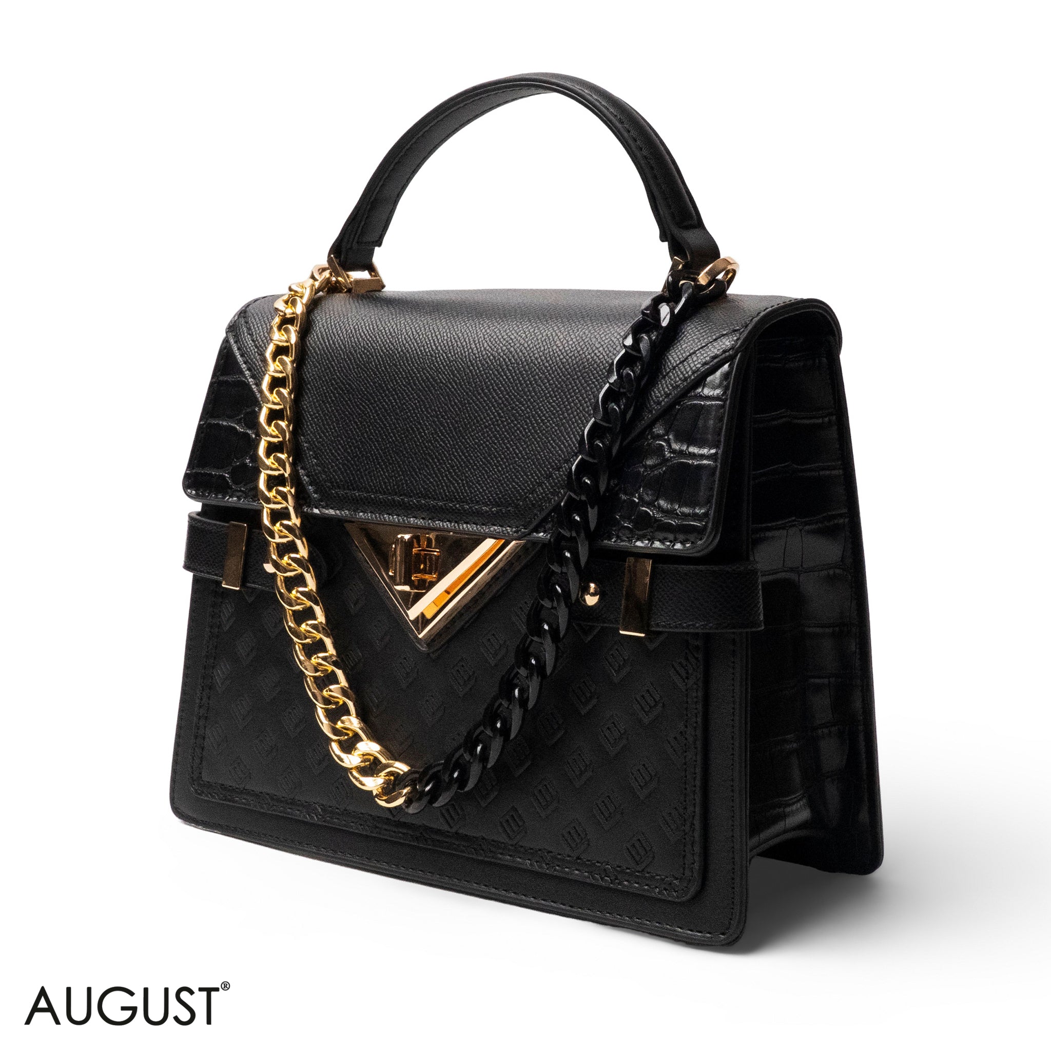 BLACK LEATHER HANDBAG WITH METAL CHAIN ACCENTS-MED